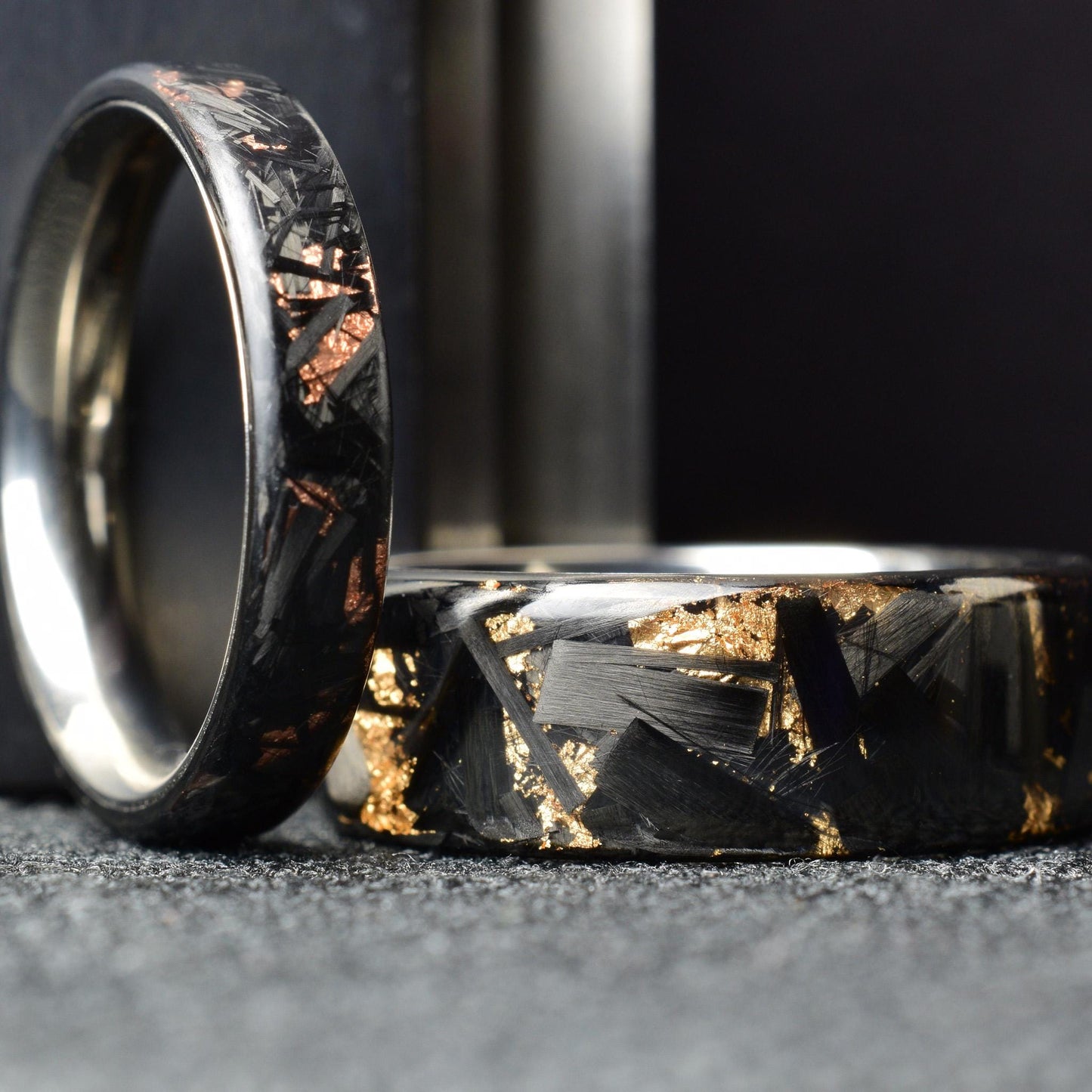 Polished Rose Gold Chopped Lg Carbon Fiber Lined With Comfort Fit Titanium. Forged Carbon Fiber. Black Ring.