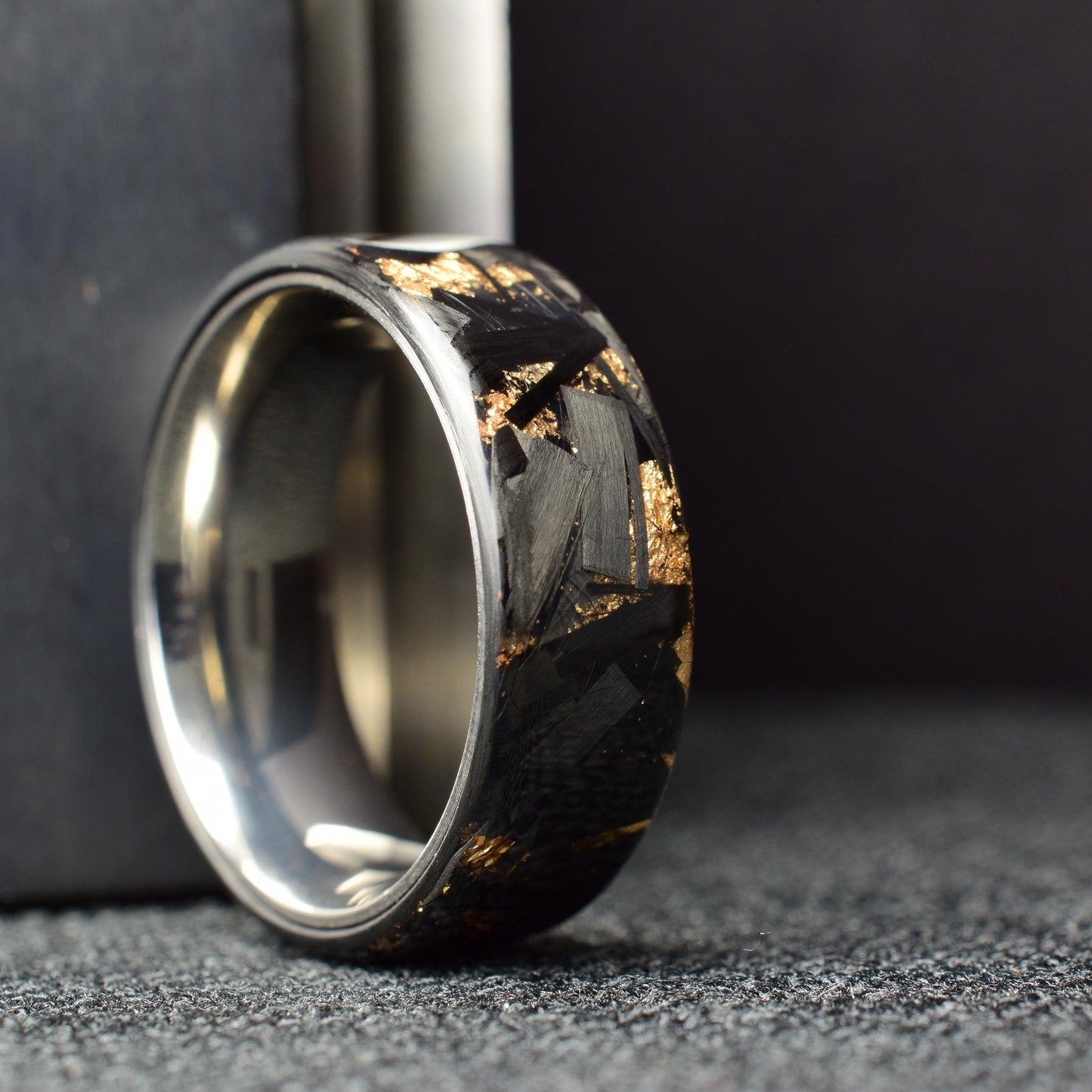 Polished Rose Gold Chopped Lg Carbon Fiber Lined With Comfort Fit Titanium. Forged Carbon Fiber. Black Ring.