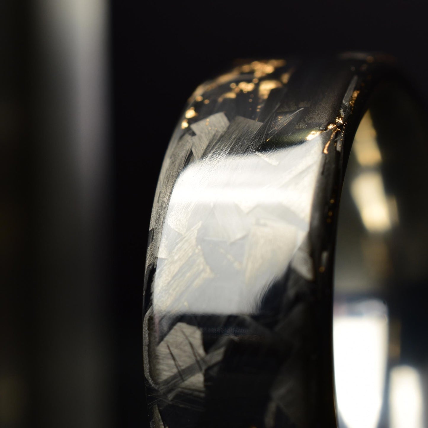 Polished Rose Gold Chopped Lg Carbon Fiber Lined With Comfort Fit Titanium. Forged Carbon Fiber. Black Ring.