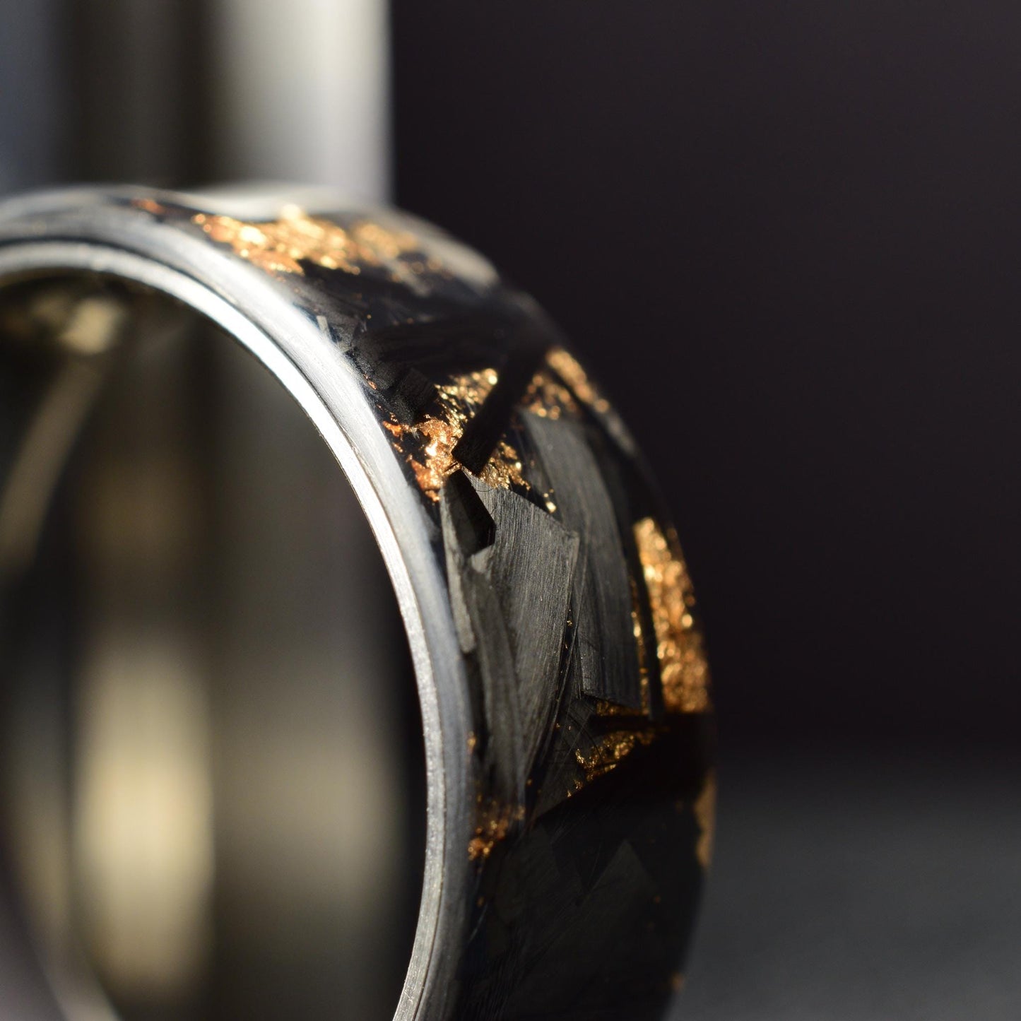Polished Rose Gold Chopped Lg Carbon Fiber Lined With Comfort Fit Titanium. Forged Carbon Fiber. Black Ring.