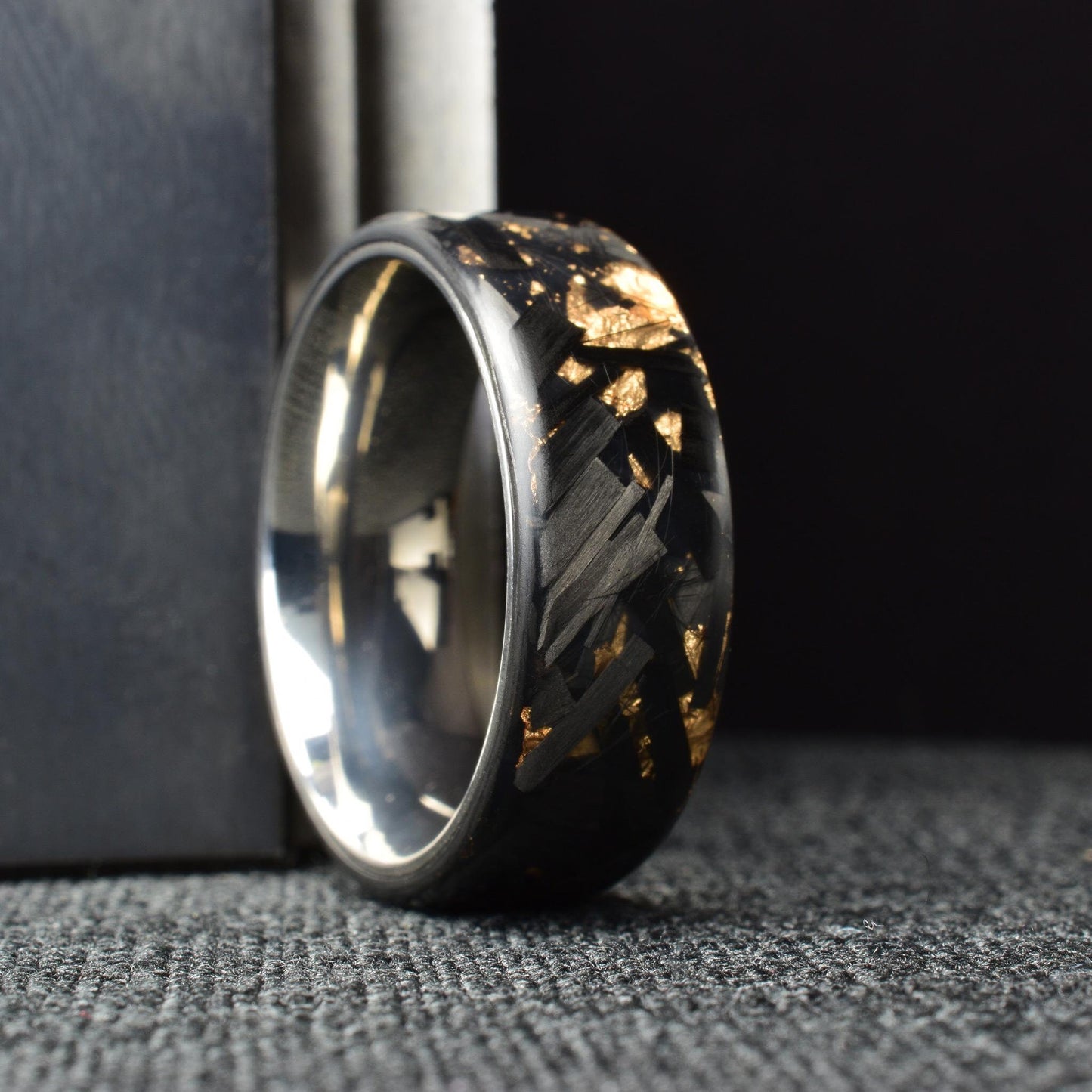 Matte Rose Gold Chopped Lg Carbon Fiber Lined With Comfort Fit Titanium. Forged Carbon Fiber. Black Ring.