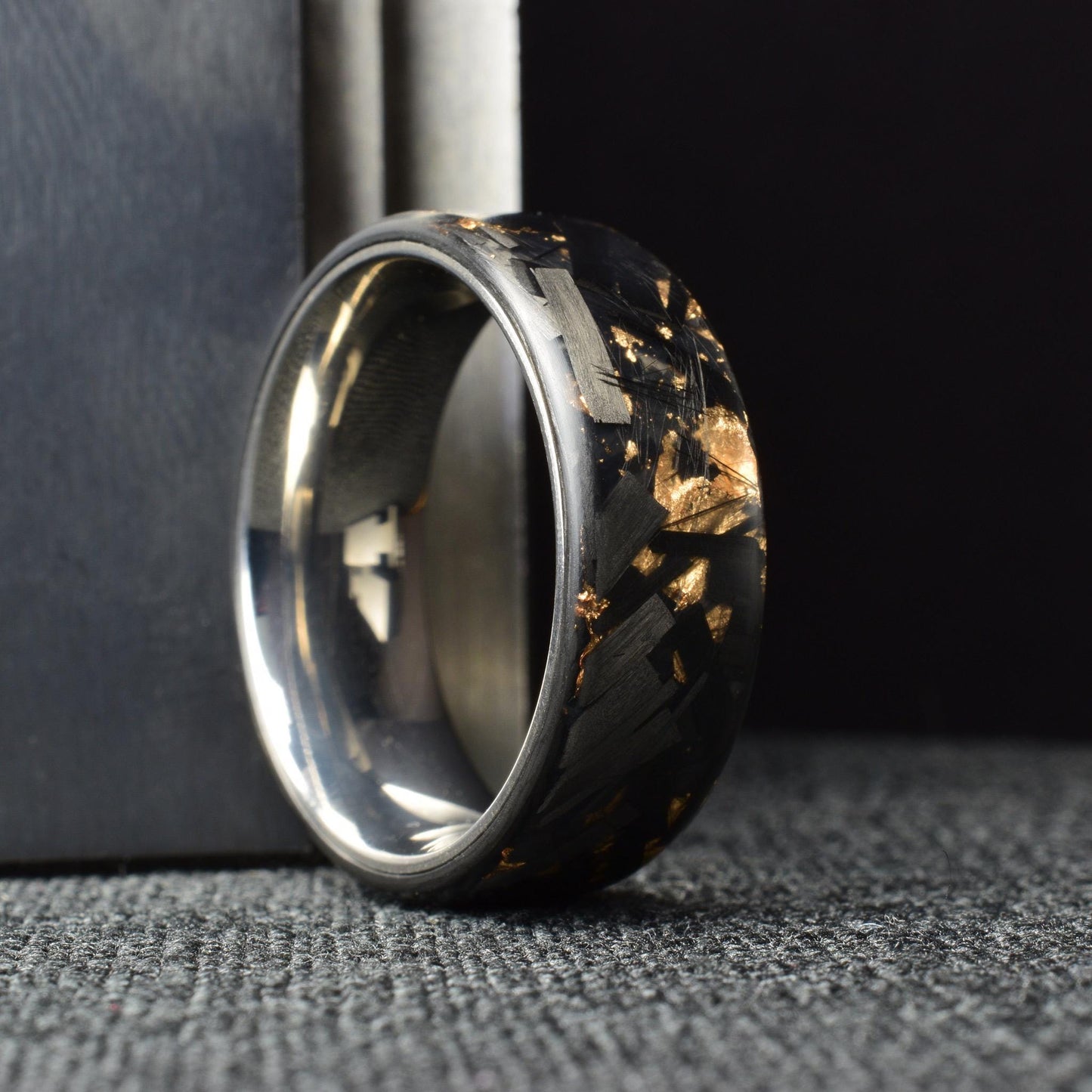 Matte Rose Gold Chopped Lg Carbon Fiber Lined With Comfort Fit Titanium. Forged Carbon Fiber. Black Ring.