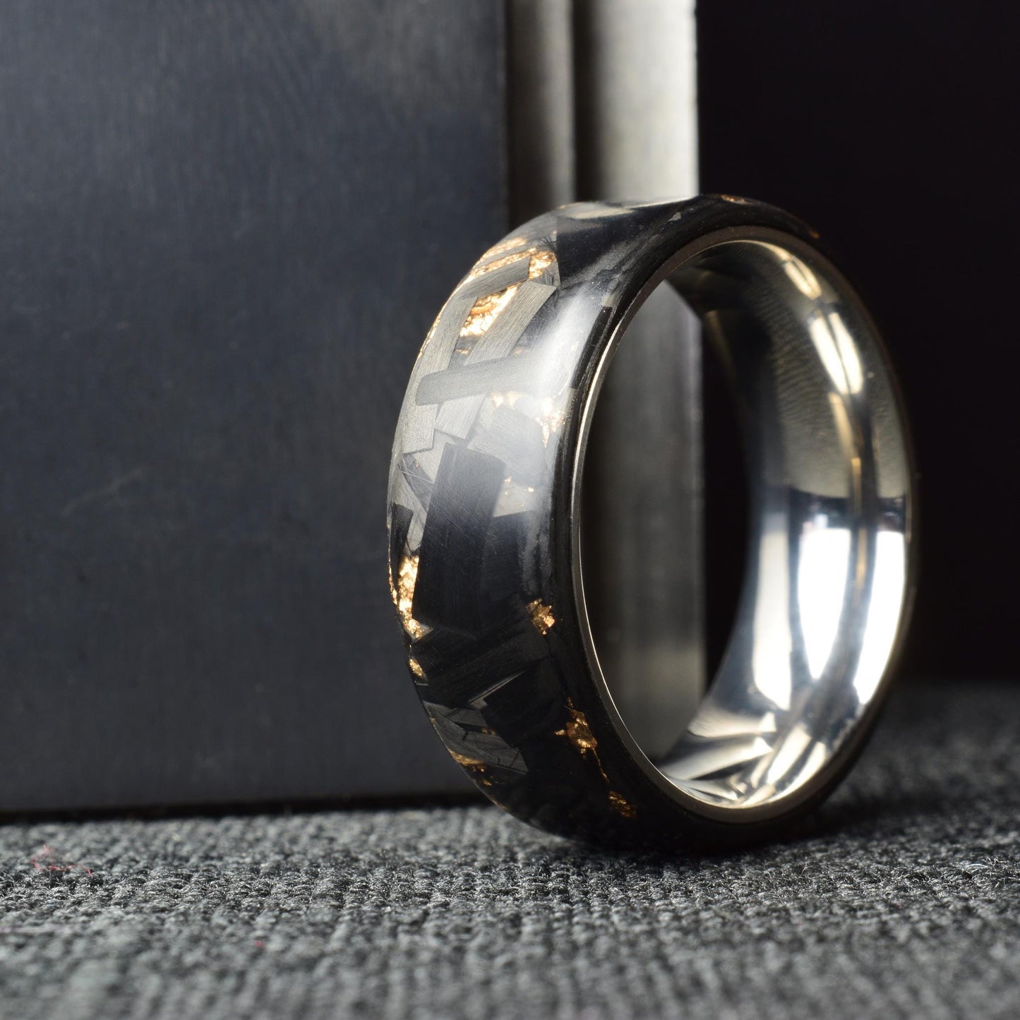 Matte Rose Gold Chopped Lg Carbon Fiber Lined With Comfort Fit Titanium. Forged Carbon Fiber. Black Ring.