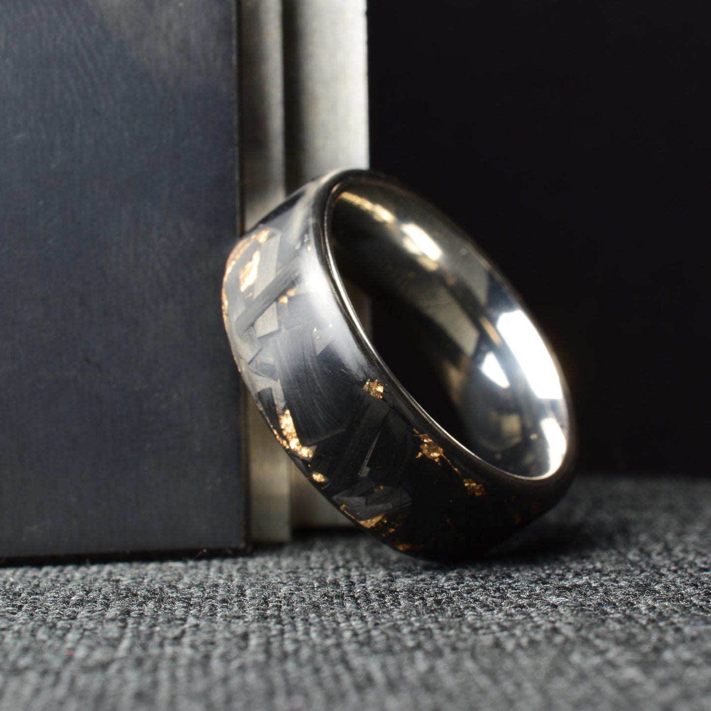 Matte Rose Gold Chopped Lg Carbon Fiber Lined With Comfort Fit Titanium. Forged Carbon Fiber. Black Ring.