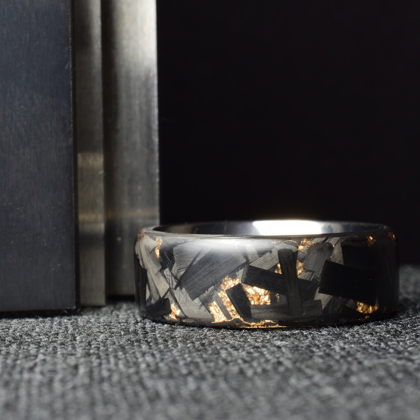 Matte Rose Gold Chopped Lg Carbon Fiber Lined With Comfort Fit Titanium. Forged Carbon Fiber. Black Ring.