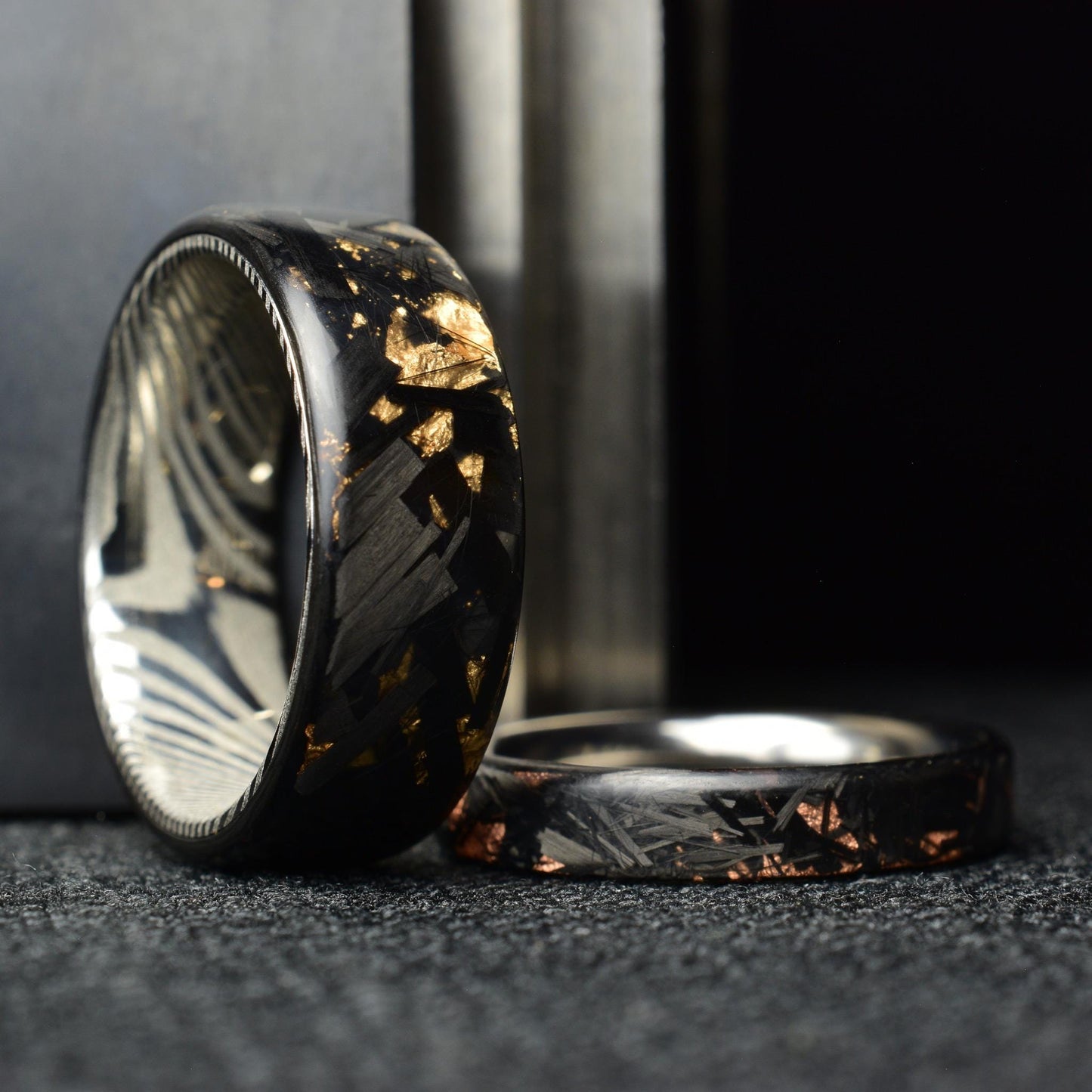 Matte Rose Gold Chopped Lg Carbon Fiber Lined With Comfort Fit Titanium. Forged Carbon Fiber. Black Ring.