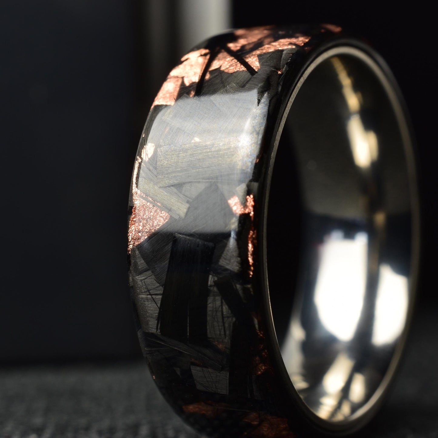 Polished Copper Chopped Lg Carbon Fiber Lined With Comfort Fit Titanium. Forged Carbon Fiber. Black Ring. Unique. (Copy)