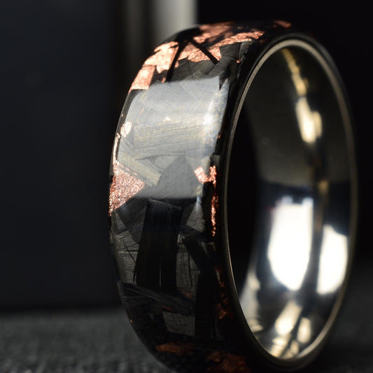 Polished Copper Chopped Lg Carbon Fiber Lined With Comfort Fit Titanium. Forged Carbon Fiber. Black Ring. Unique.