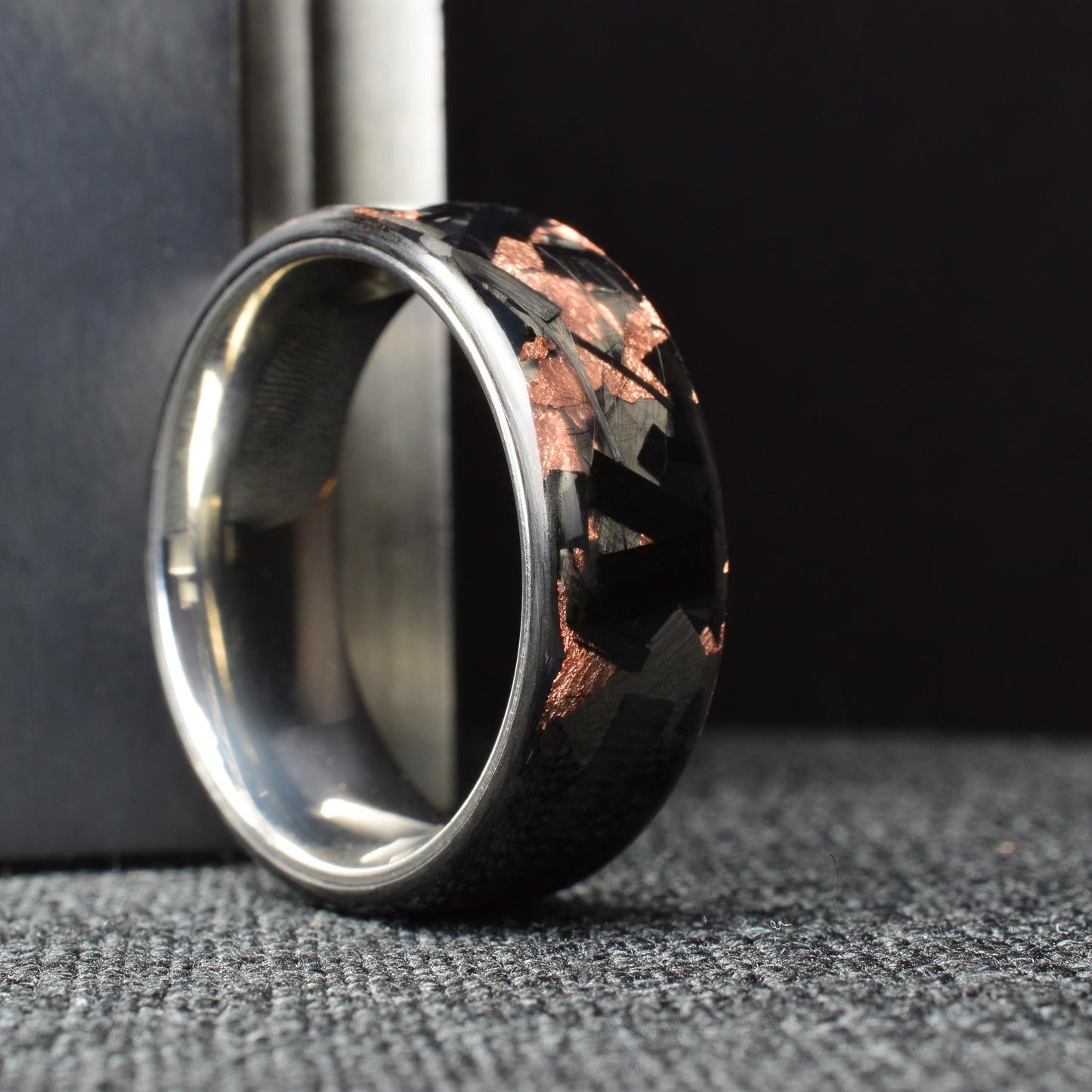 Polished Copper Chopped Lg Carbon Fiber Lined With Comfort Fit Titanium. Forged Carbon Fiber. Black Ring. Unique. (Copy)