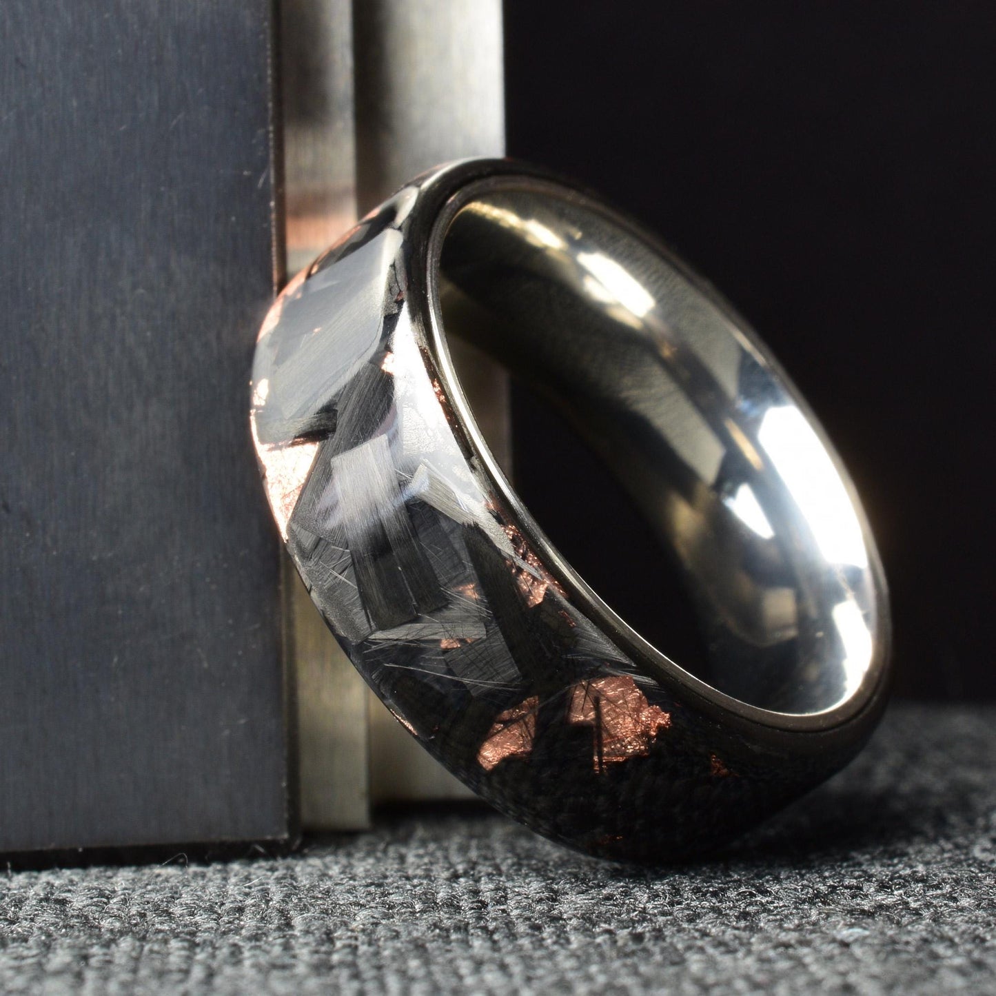 Polished Copper Chopped Lg Carbon Fiber Lined With Comfort Fit Titanium. Forged Carbon Fiber. Black Ring. Unique. (Copy)