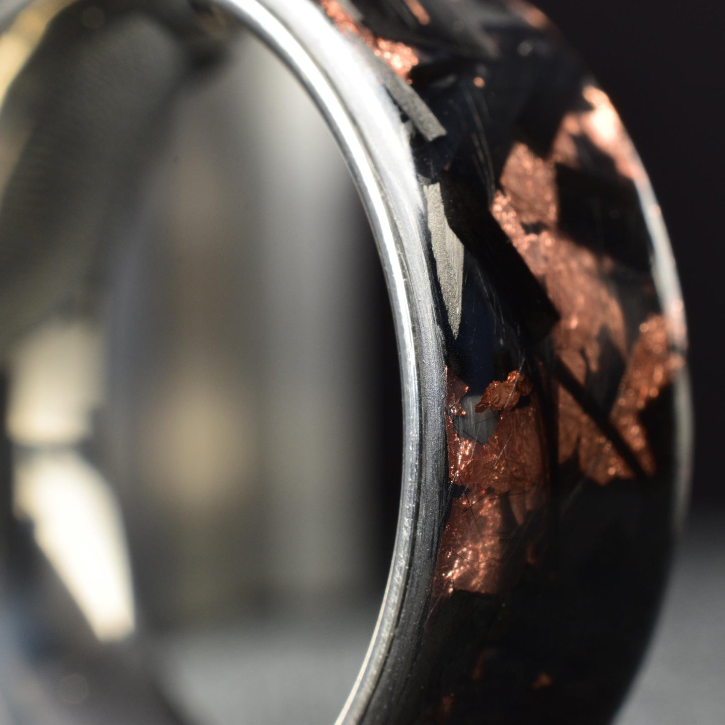 Polished Copper Chopped Lg Carbon Fiber Lined With Comfort Fit Titanium. Forged Carbon Fiber. Black Ring. Unique. (Copy)