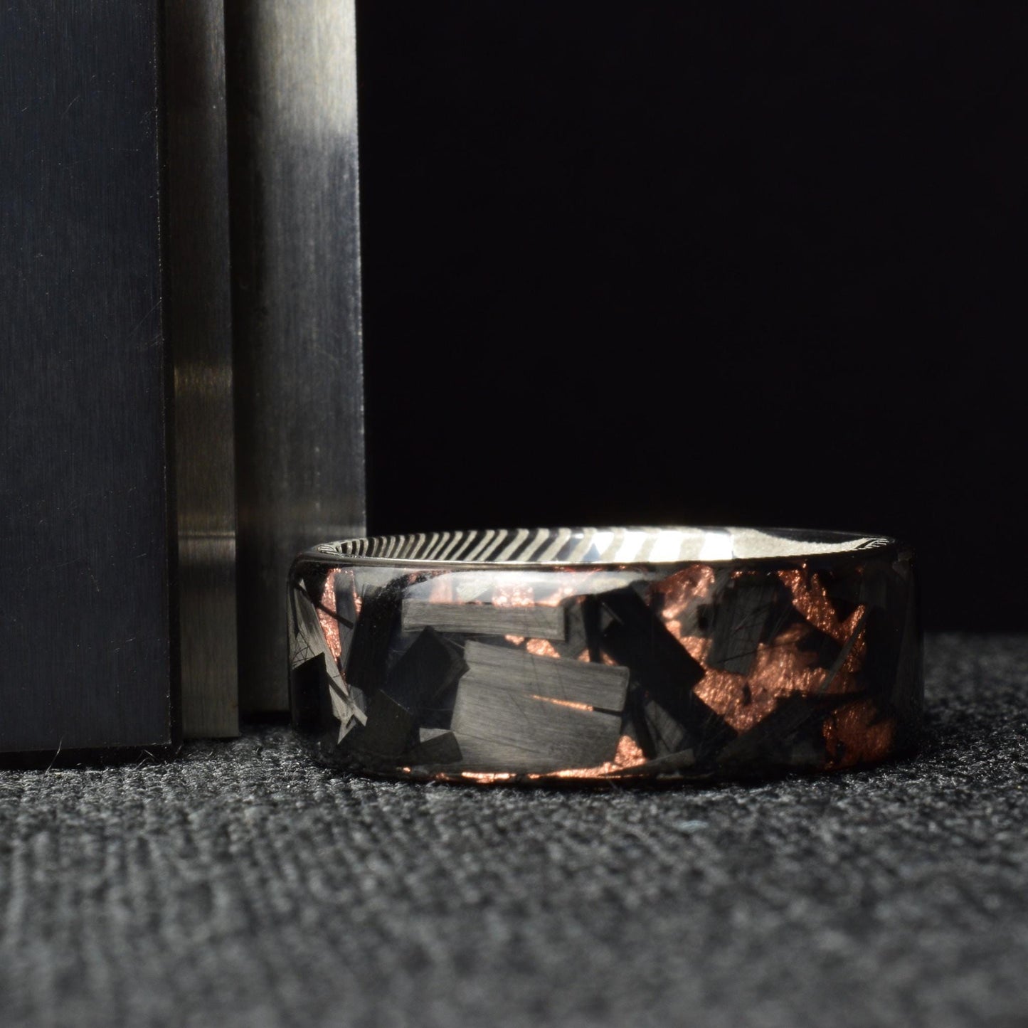 Polished Copper Chopped Lg Carbon Fiber Lined With Comfort Fit Titanium. Forged Carbon Fiber. Black Ring. Unique. (Copy)