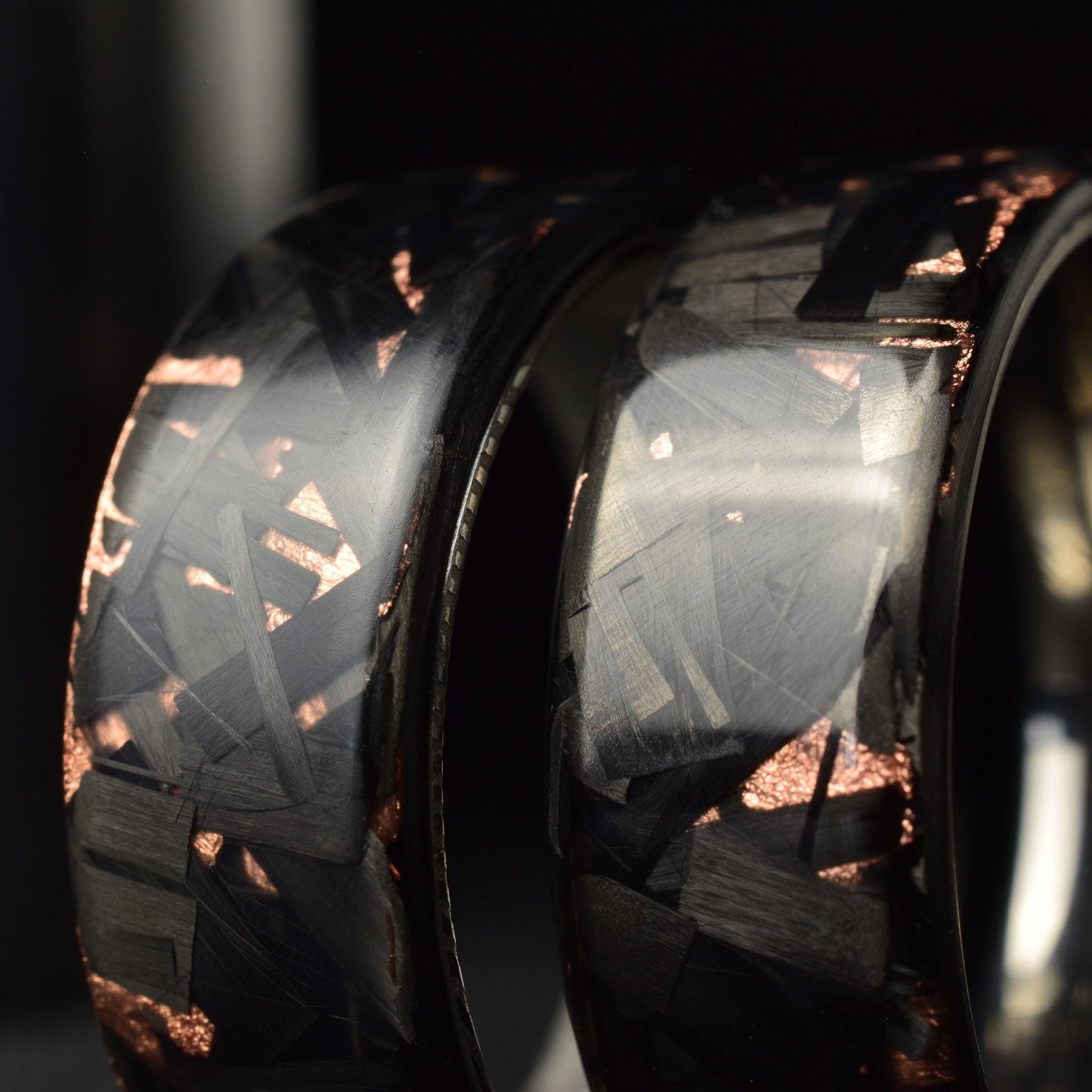 Polished Copper Chopped Lg Carbon Fiber Lined With Comfort Fit Titanium. Forged Carbon Fiber. Black Ring. Unique. (Copy)