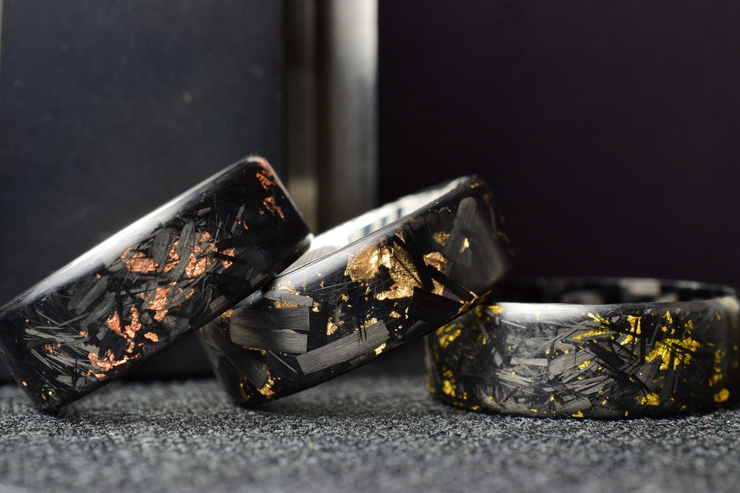 Polished Copper Chopped Lg Carbon Fiber Lined With Comfort Fit Titanium. Forged Carbon Fiber. Black Ring. Unique. (Copy)