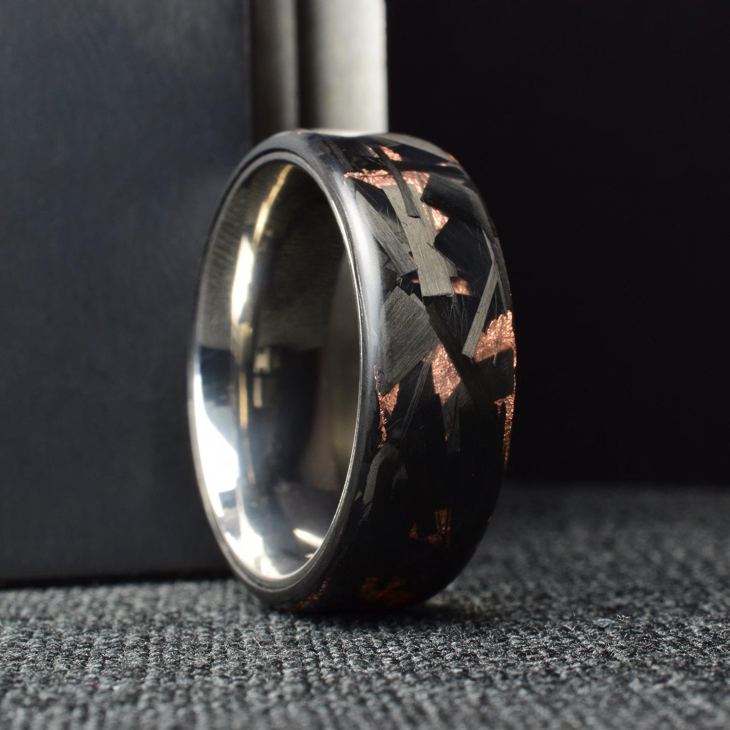 Matte Copper Chopped Lg Carbon Fiber Lined With Comfort Fit Titanium. Forged Carbon Fiber. Black Ring. Men's Wedding Band.