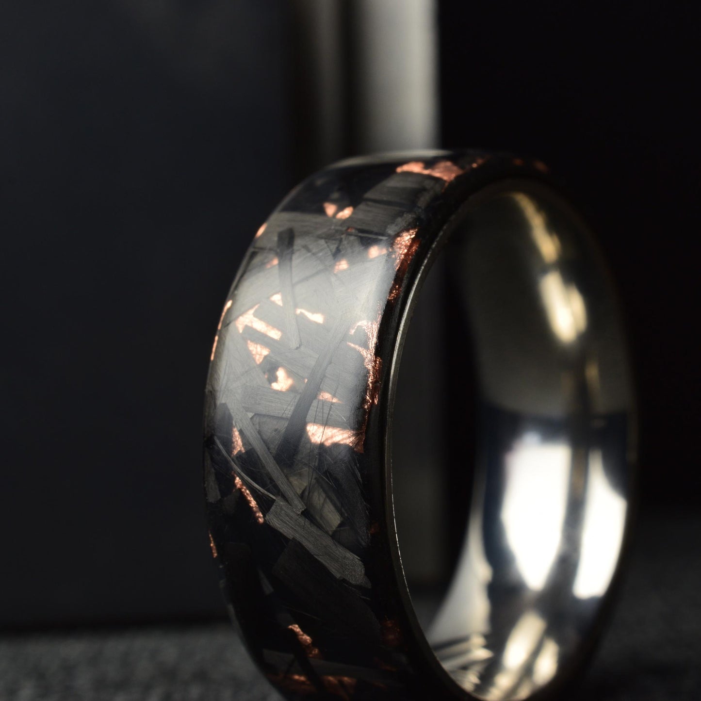 Matte Copper Chopped Lg Carbon Fiber Lined With Comfort Fit Titanium. Forged Carbon Fiber. Black Ring. Men's Wedding Band.