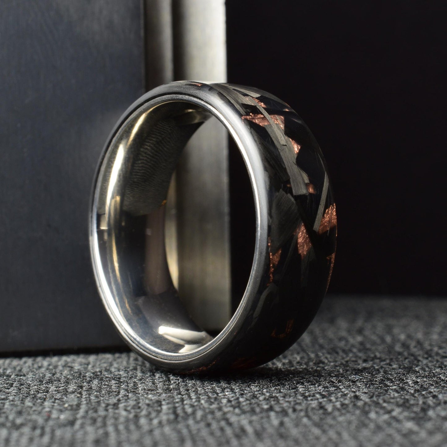 Matte Copper Chopped Lg Carbon Fiber Lined With Comfort Fit Titanium. Forged Carbon Fiber. Black Ring. Men's Wedding Band.