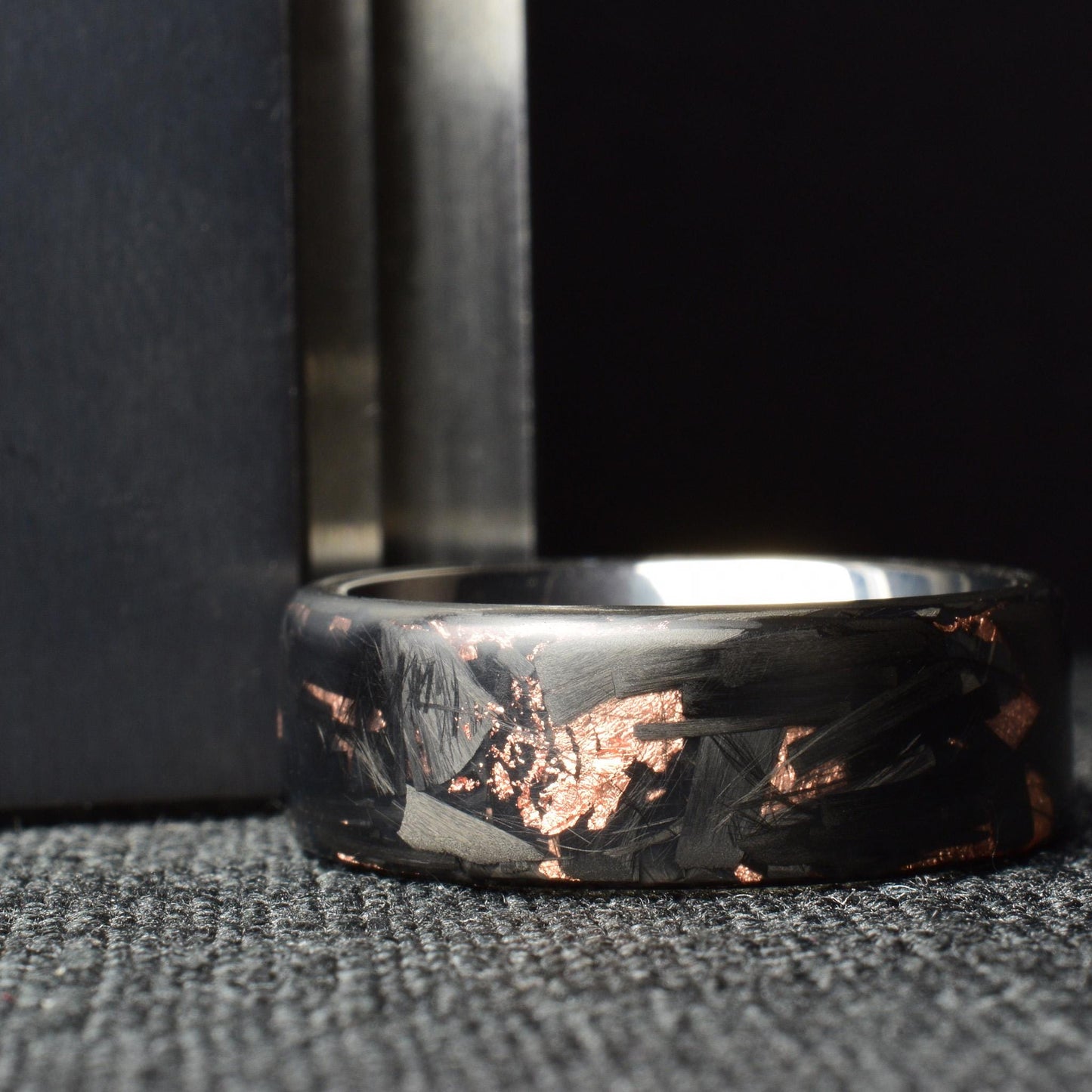 Matte Copper Chopped Lg Carbon Fiber Lined With Comfort Fit Titanium. Forged Carbon Fiber. Black Ring. Men's Wedding Band.