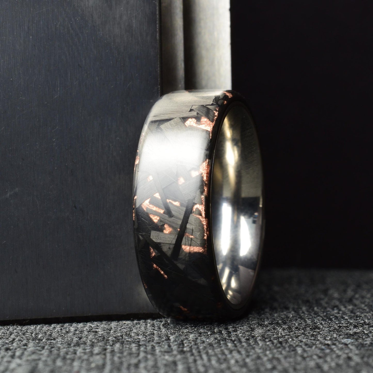 Matte Copper Chopped Lg Carbon Fiber Lined With Comfort Fit Titanium. Forged Carbon Fiber. Black Ring. Men's Wedding Band.