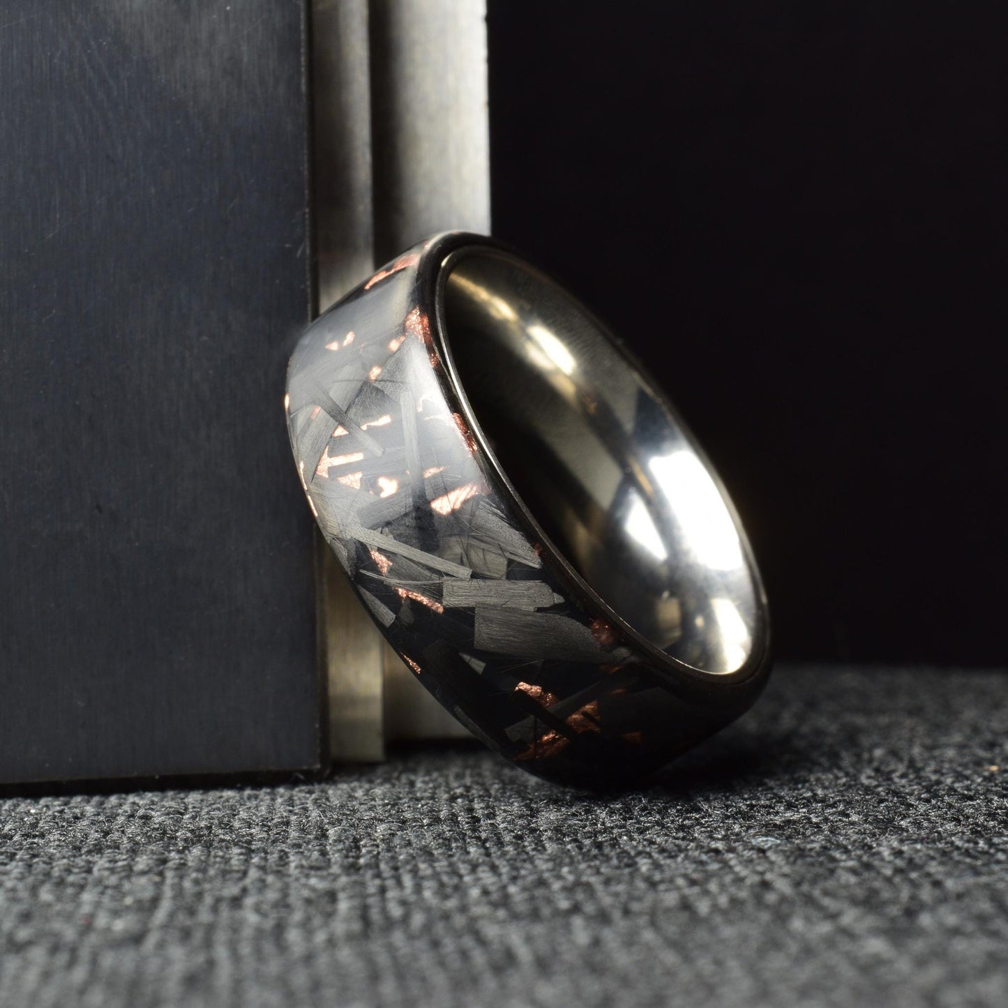 Matte Copper Chopped Lg Carbon Fiber Lined With Comfort Fit Titanium. Forged Carbon Fiber. Black Ring. Men's Wedding Band.