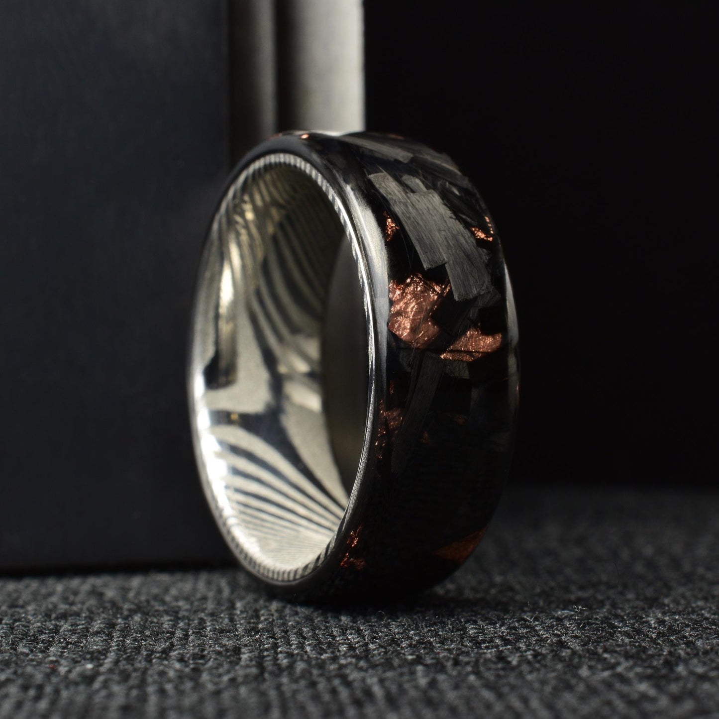 Polished Copper Chopped Lg Carbon Fiber Lined With Stainless Steel Damascus. Forged Carbon Fiber. Black Ring.
