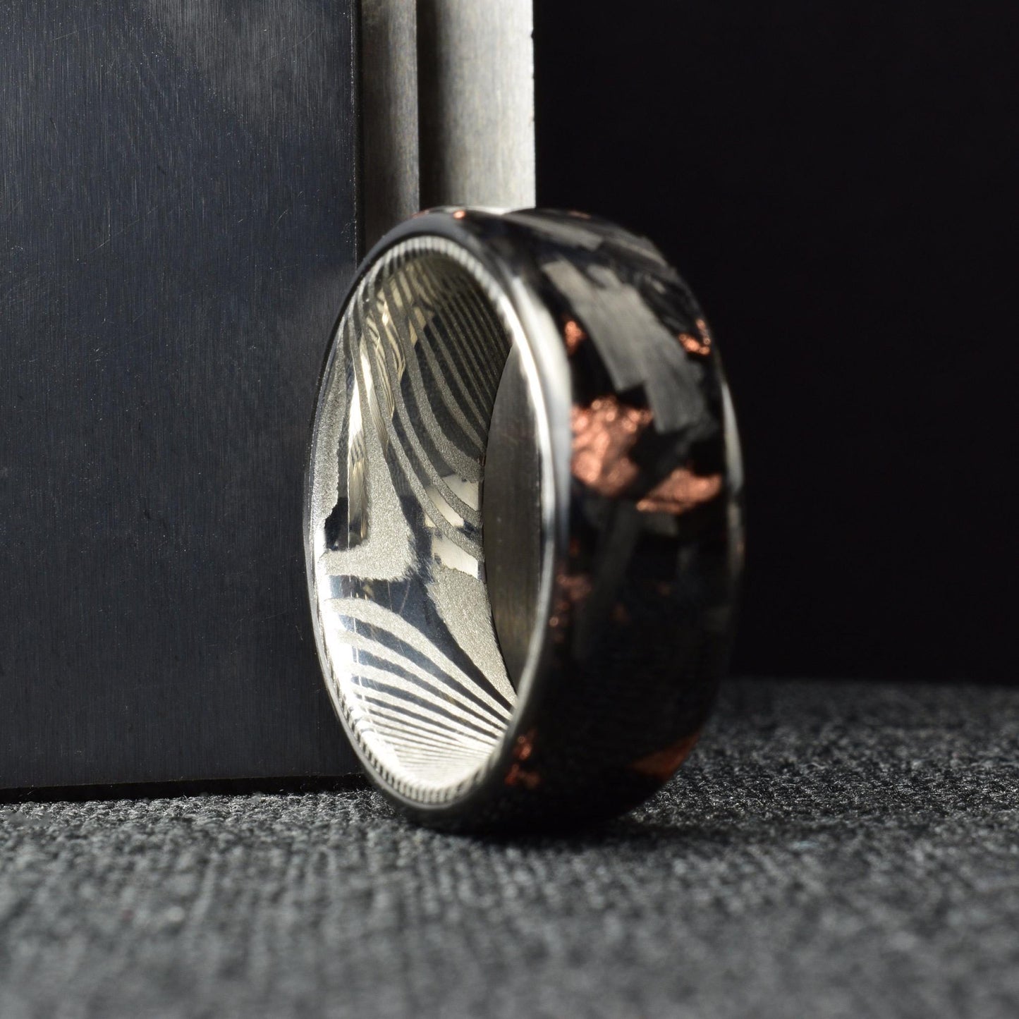 Polished Copper Chopped Lg Carbon Fiber Lined With Stainless Steel Damascus. Forged Carbon Fiber. Black Ring.