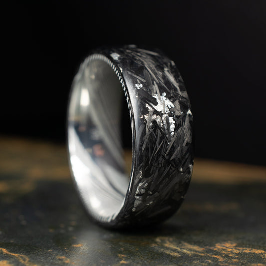Matte Silver Chopped Carbon Fiber Lined With Damascus Steel. Forged Carbon Fiber. Men's Black Wedding Ring. Exclusive.