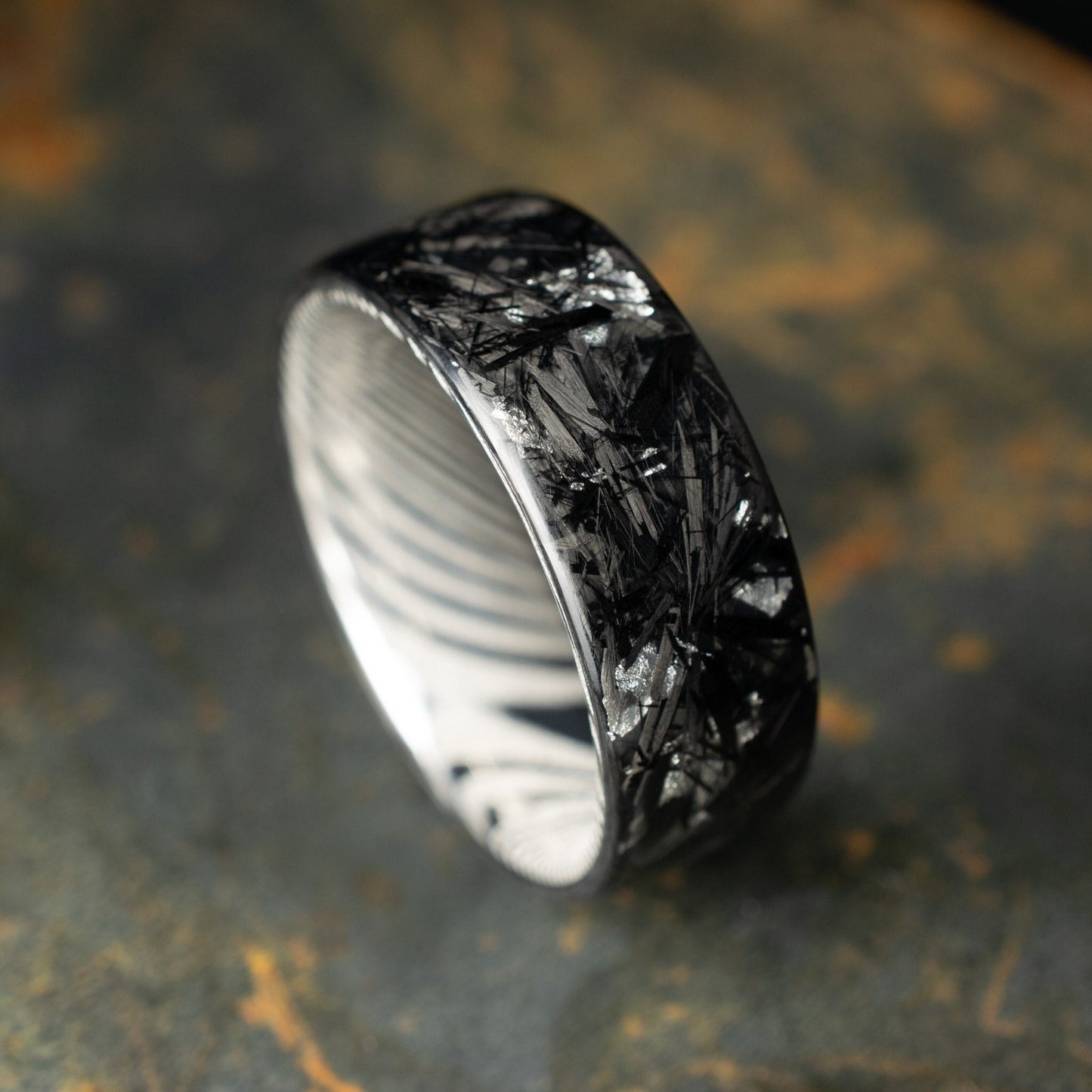 Matte Silver Chopped Carbon Fiber Lined With Damascus Steel. Forged Carbon Fiber. Men's Black Wedding Ring. Exclusive.