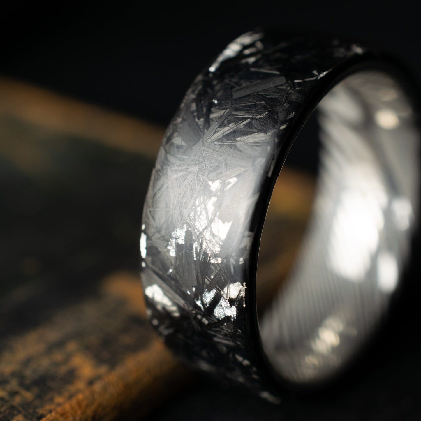 Matte Silver Chopped Carbon Fiber Lined With Damascus Steel. Forged Carbon Fiber. Men's Black Wedding Ring. Exclusive.