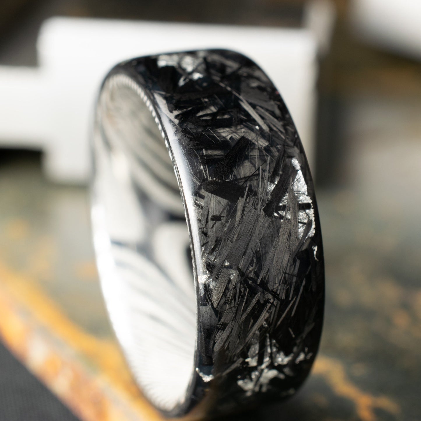 Matte Silver Chopped Carbon Fiber Lined With Damascus Steel. Forged Carbon Fiber. Men's Black Wedding Ring. Exclusive.