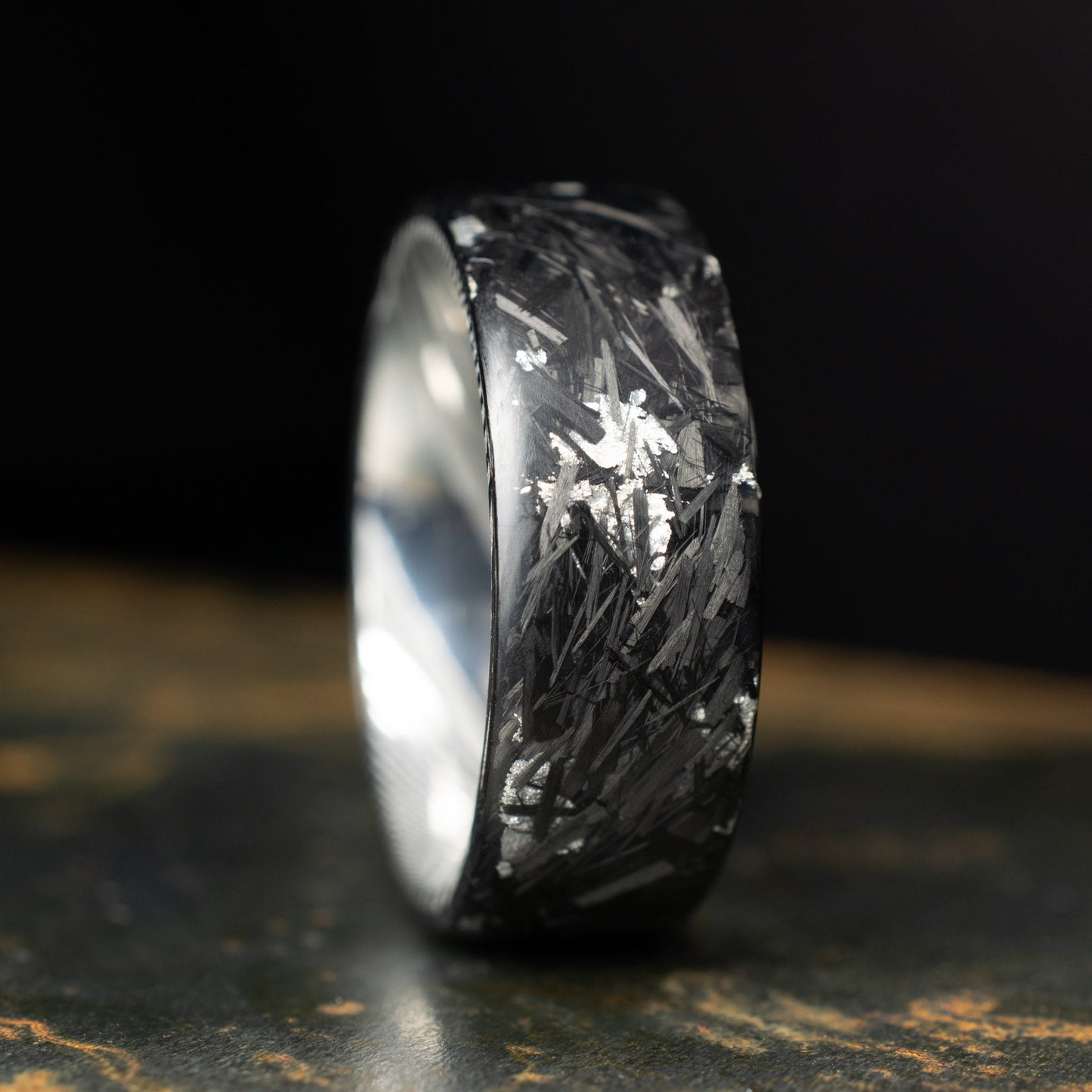 Matte Silver Chopped Carbon Fiber Lined With Damascus Steel. Forged Carbon Fiber. Men's Black Wedding Ring. Exclusive.