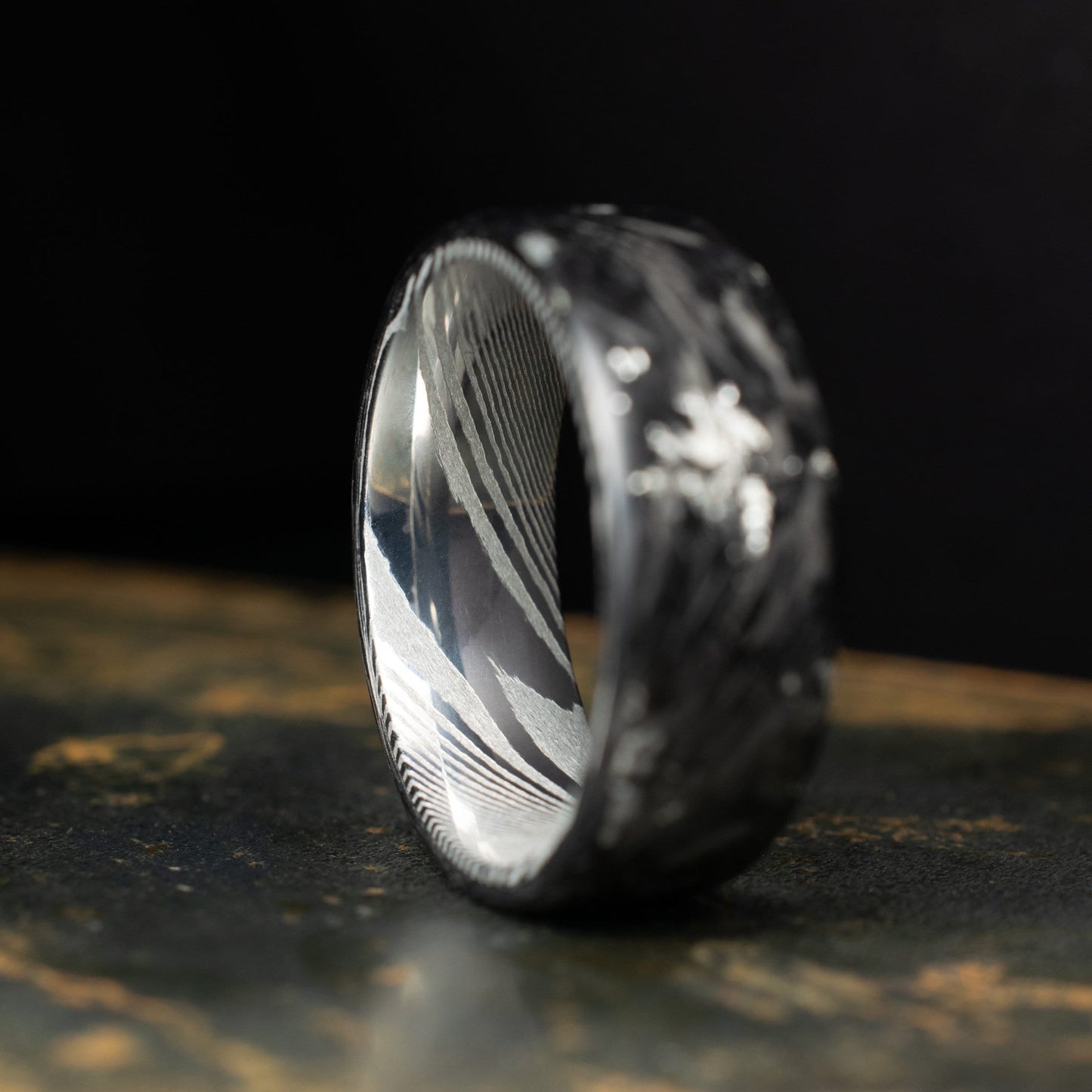 Matte Silver Chopped Carbon Fiber Lined With Damascus Steel. Forged Carbon Fiber. Men's Black Wedding Ring. Exclusive.
