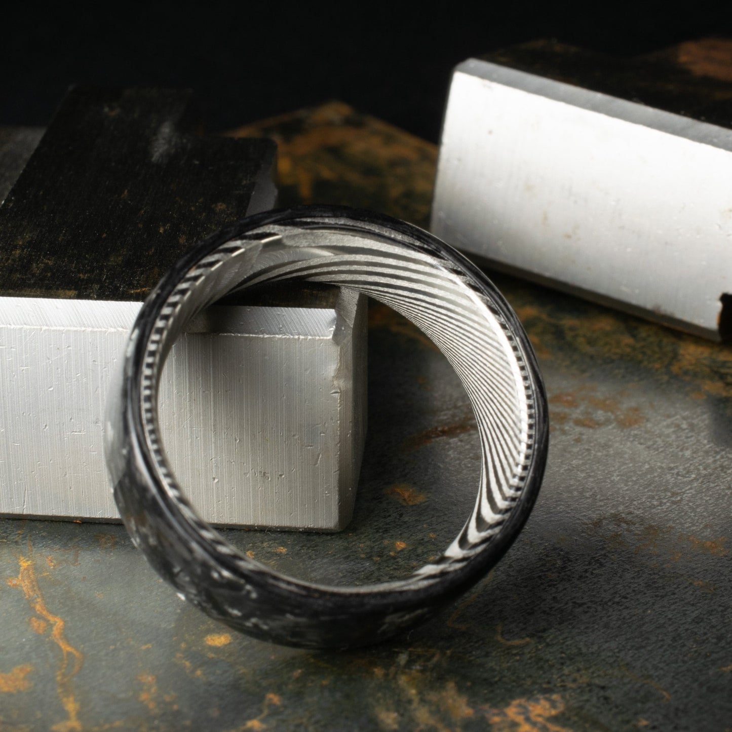 Matte Silver Chopped Carbon Fiber Lined With Damascus Steel. Forged Carbon Fiber. Men's Black Wedding Ring. Exclusive.
