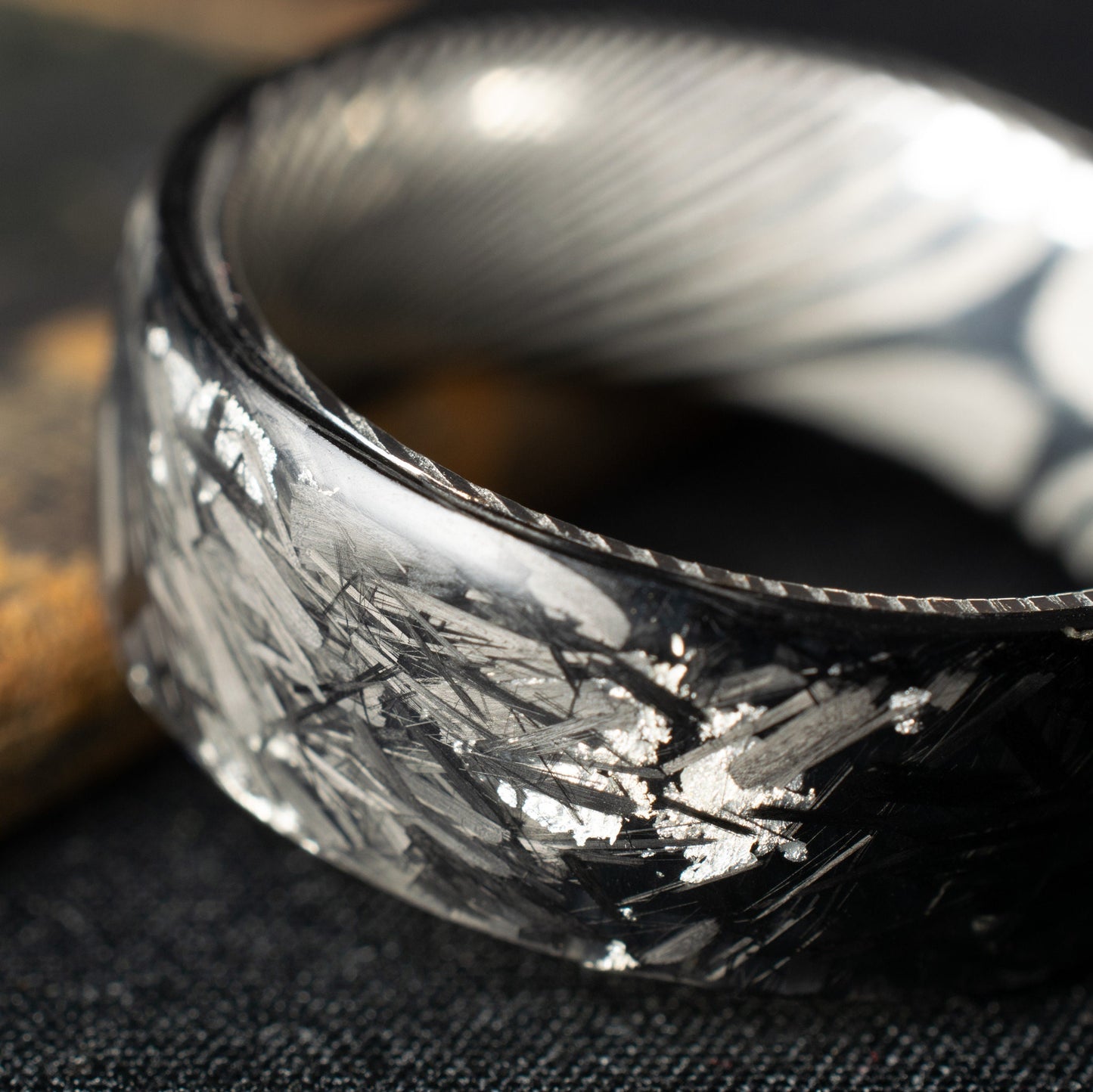 Matte Silver Chopped Carbon Fiber Lined With Damascus Steel. Forged Carbon Fiber. Men's Black Wedding Ring. Exclusive.