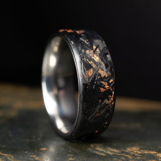 Matte Copper Chopped Carbon Fiber, Lined With Titanium. Forged Carbon Fiber. Men's Black Wedding Ring. Waterproof Ring.