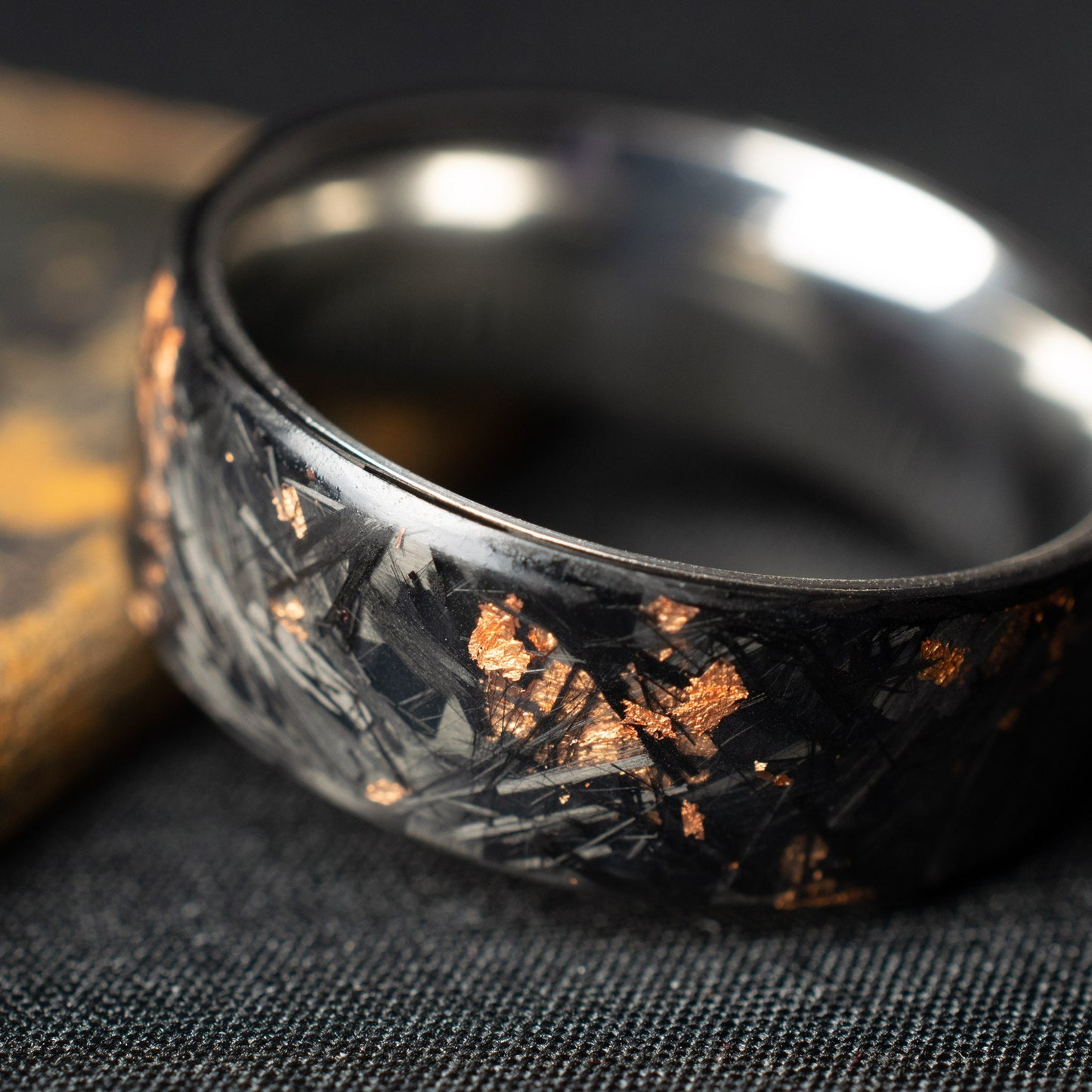 Matte Copper Chopped Carbon Fiber, Lined With Titanium. Forged Carbon Fiber. Men's Black Wedding Ring. Waterproof Ring.