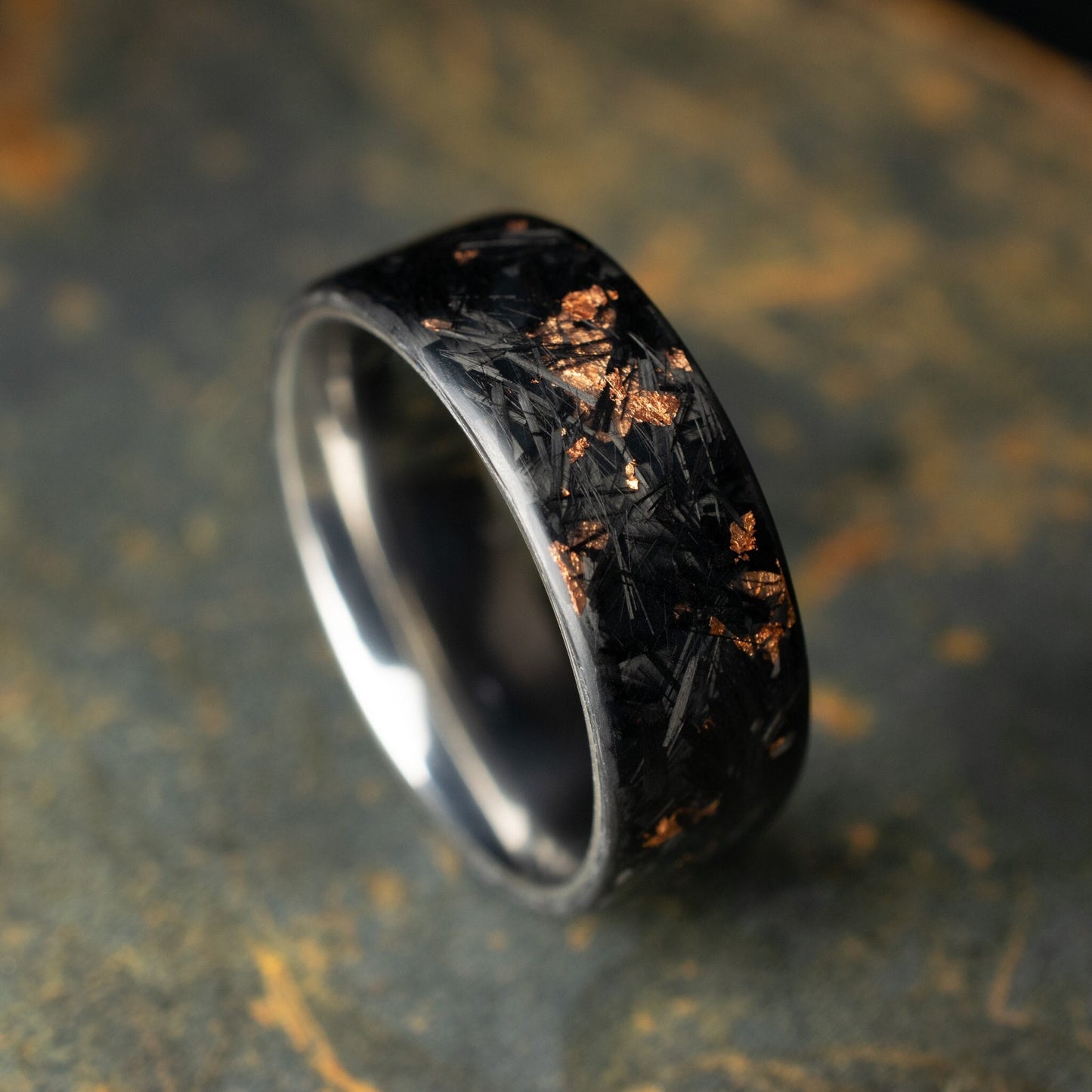 Matte Copper Chopped Carbon Fiber, Lined With Titanium. Forged Carbon Fiber. Men's Black Wedding Ring. Waterproof Ring.