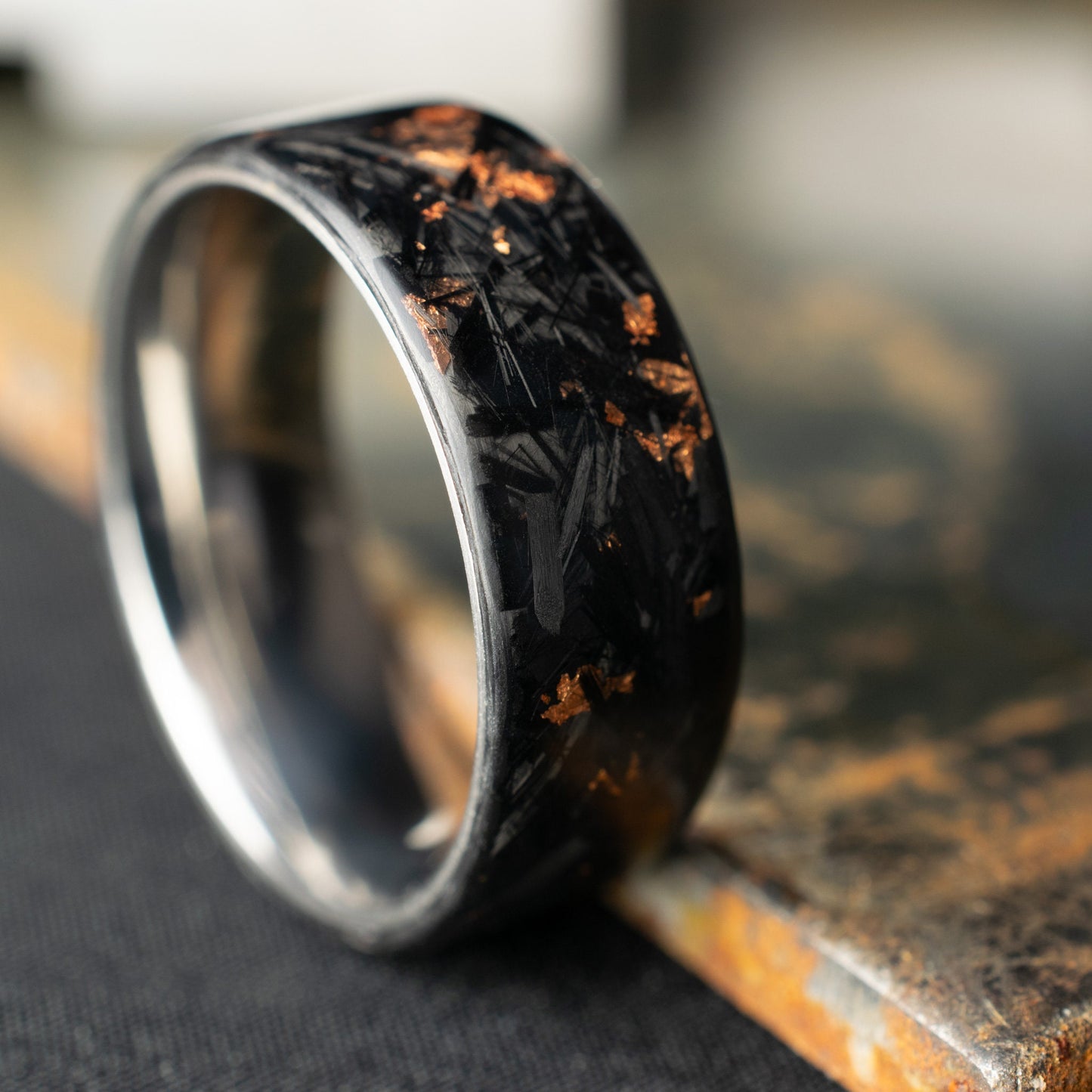 Matte Copper Chopped Carbon Fiber, Lined With Titanium. Forged Carbon Fiber. Men's Black Wedding Ring. Waterproof Ring.