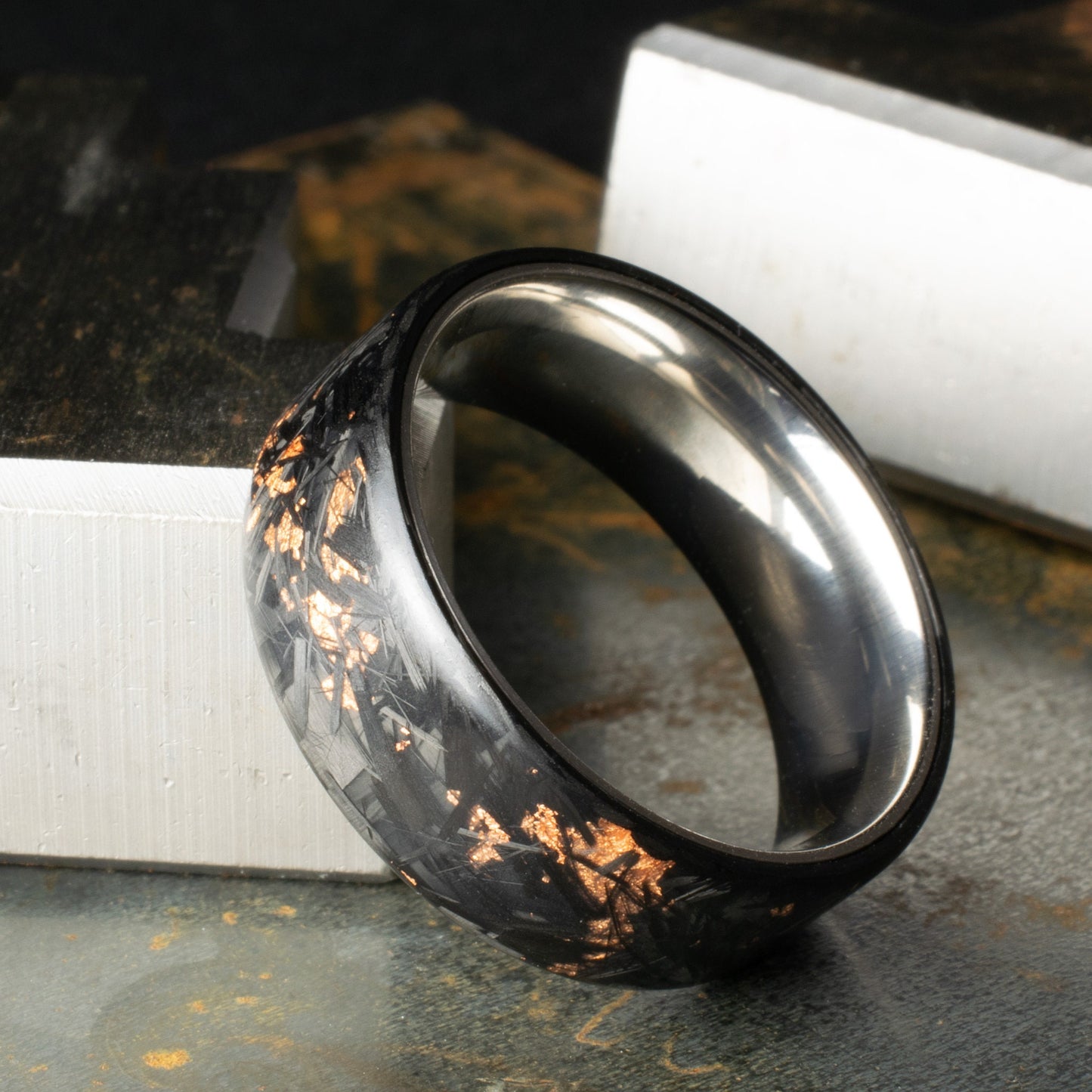Matte Copper Chopped Carbon Fiber, Lined With Titanium. Forged Carbon Fiber. Men's Black Wedding Ring. Waterproof Ring.