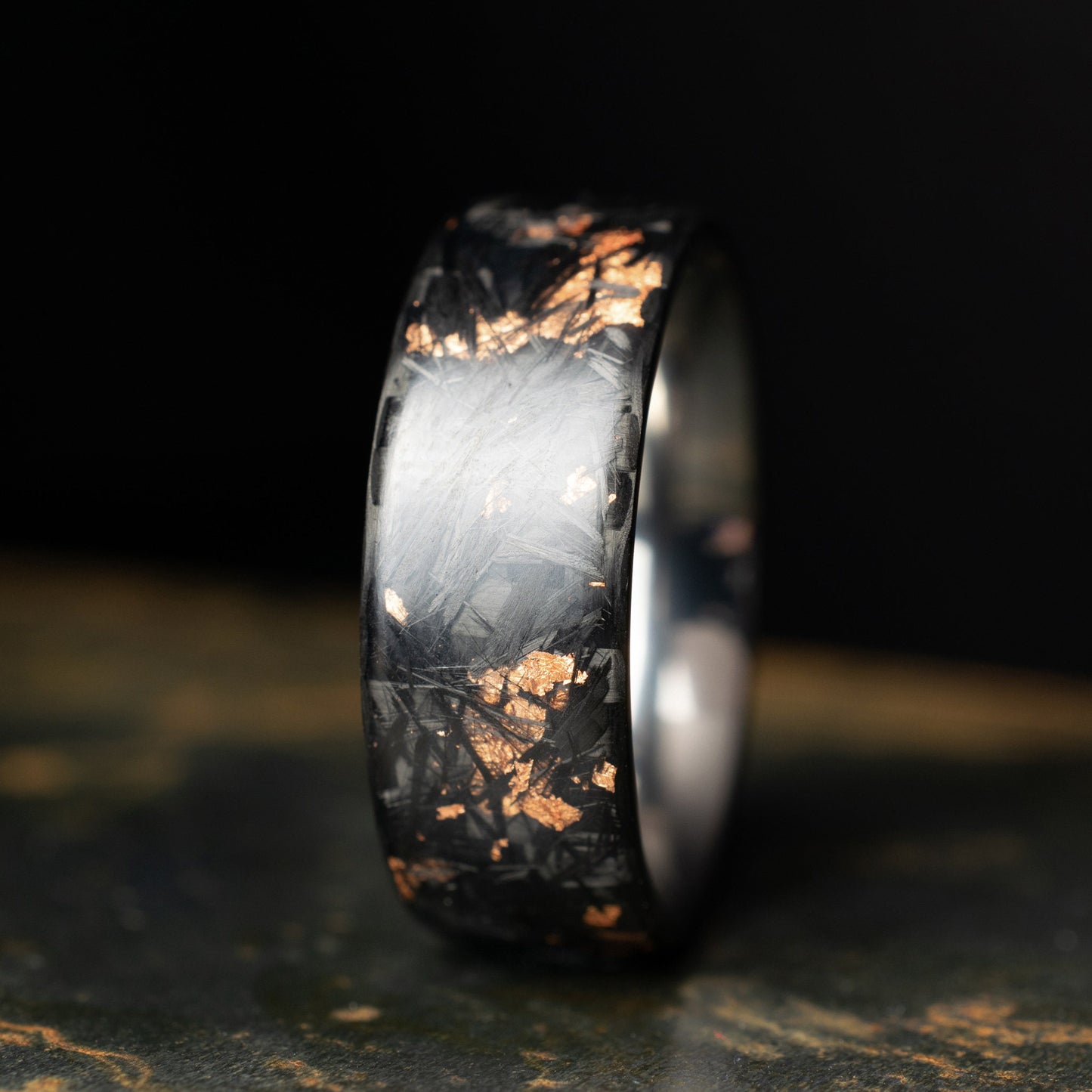 Matte Copper Chopped Carbon Fiber, Lined With Titanium. Forged Carbon Fiber. Men's Black Wedding Ring. Waterproof Ring.