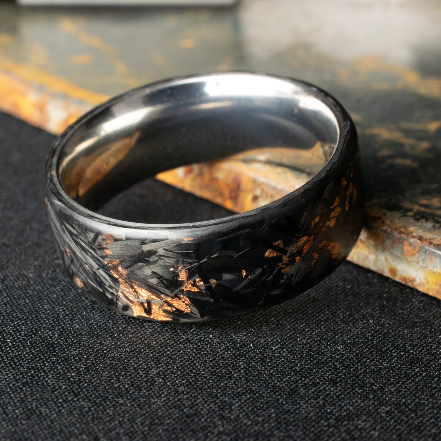 Matte Copper Chopped Carbon Fiber, Lined With Titanium. Forged Carbon Fiber. Men's Black Wedding Ring. Waterproof Ring.