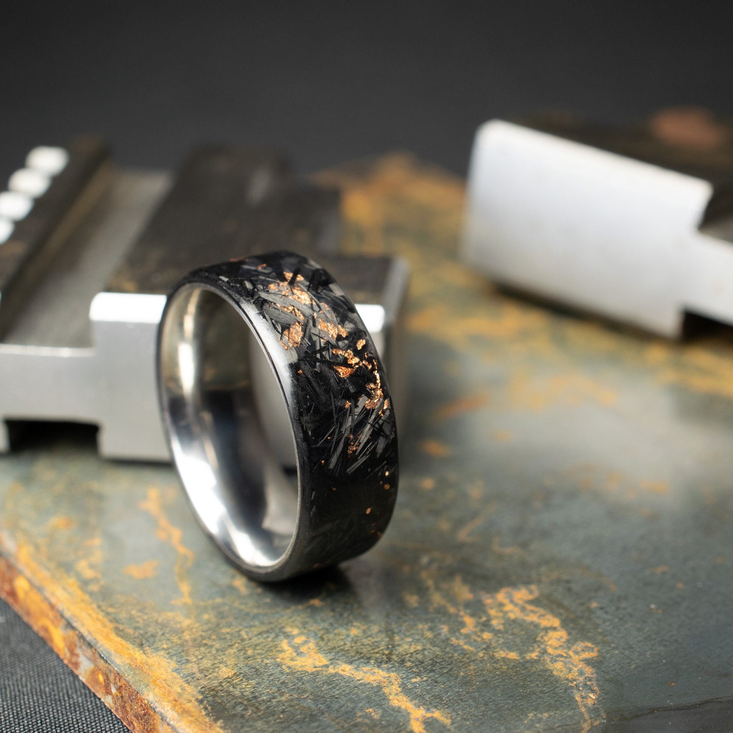 Matte Copper Chopped Carbon Fiber, Lined With Titanium. Forged Carbon Fiber. Men's Black Wedding Ring. Waterproof Ring.