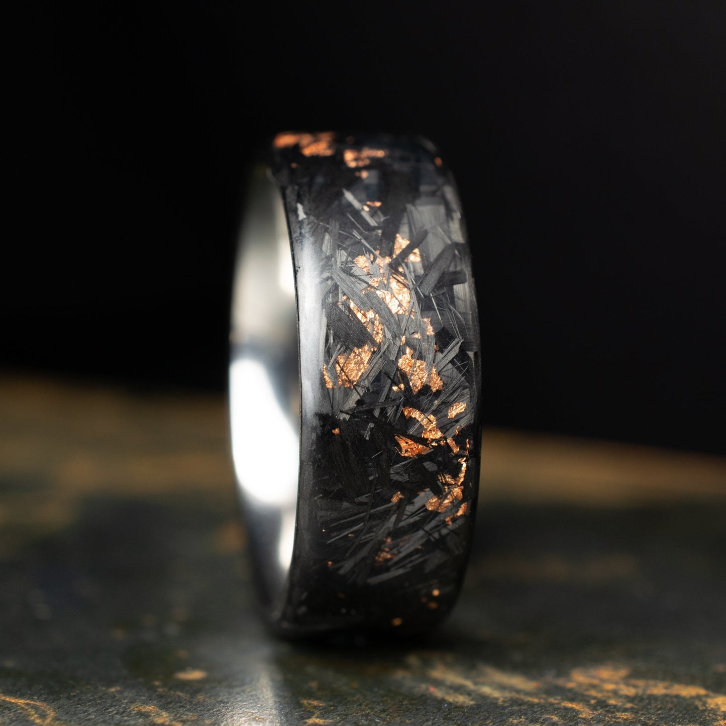 Matte Copper Chopped Carbon Fiber, Lined With Titanium. Forged Carbon Fiber. Men's Black Wedding Ring. Waterproof Ring.