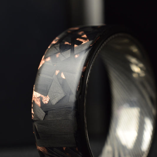 Matte Large Copper Chopped Carbon Fiber Ring: Stainless Steel Damascus Liner.