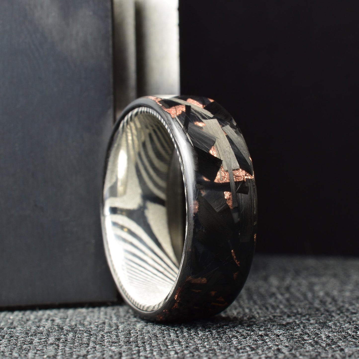Matte Large Copper Chopped Carbon Fiber Ring: Stainless Steel Damascus Liner.