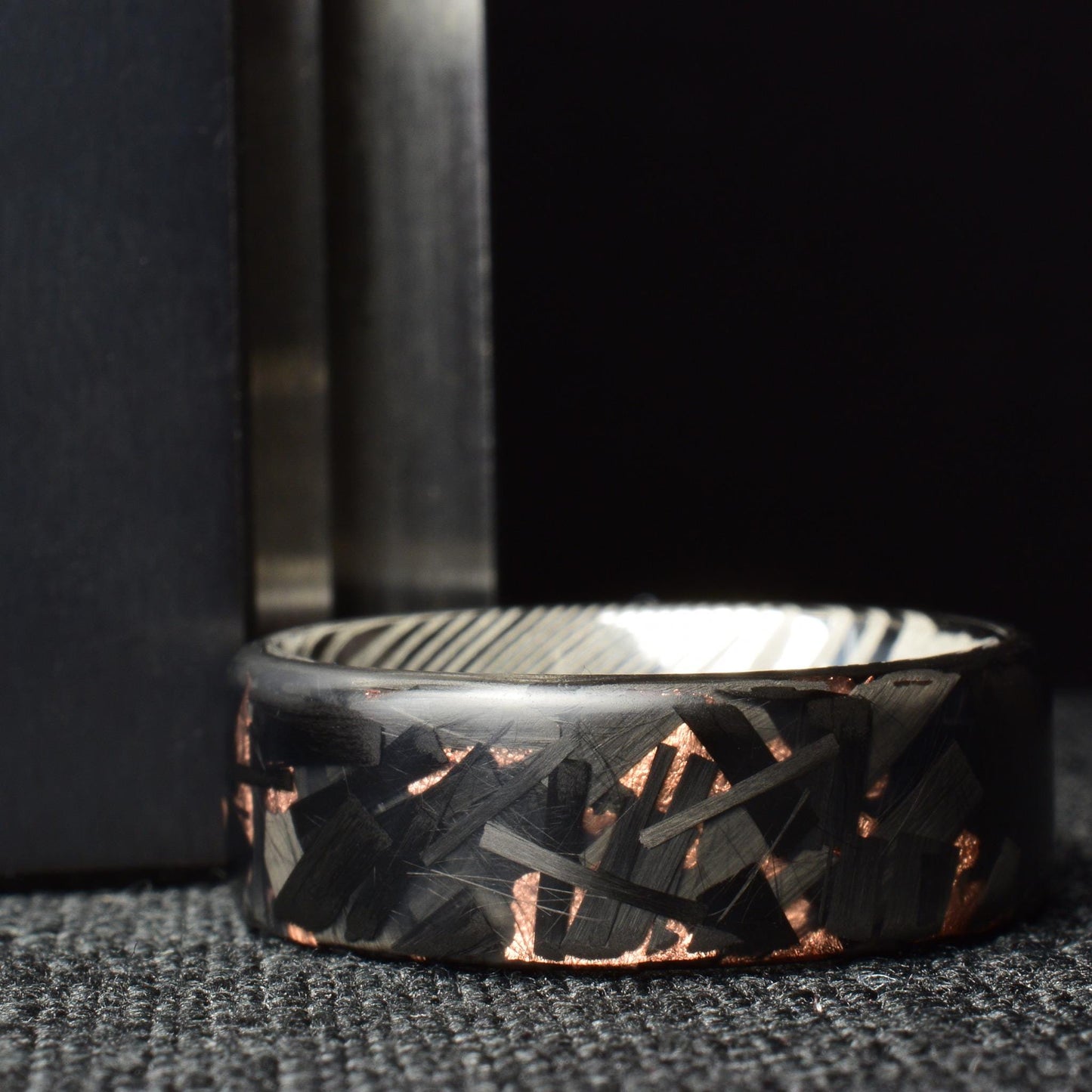 Matte Large Copper Chopped Carbon Fiber Ring: Stainless Steel Damascus Liner.