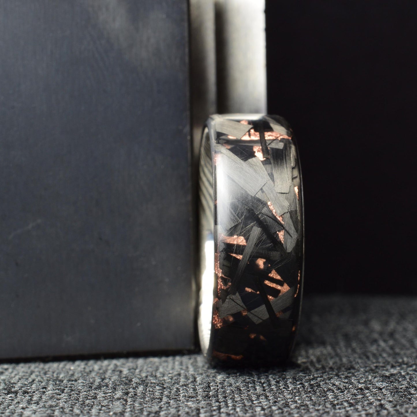 Matte Large Copper Chopped Carbon Fiber Ring: Stainless Steel Damascus Liner.