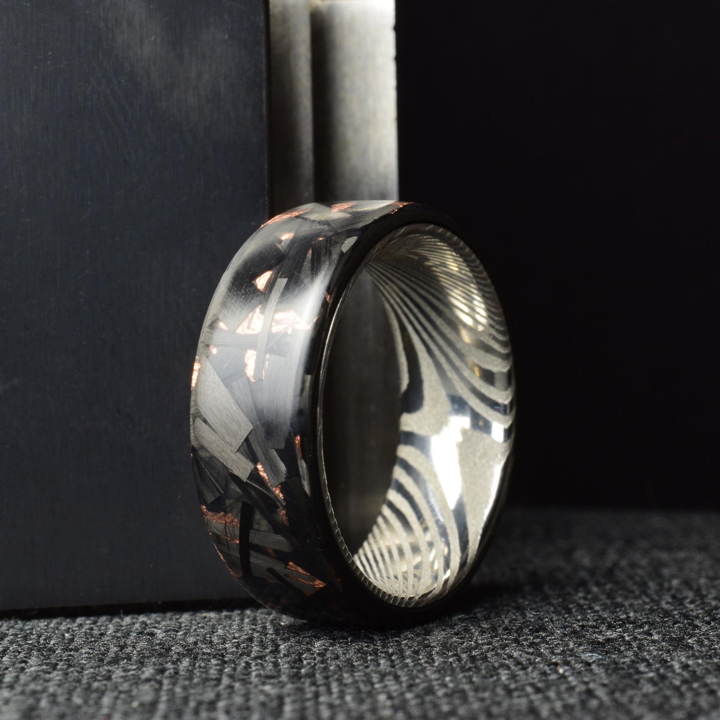 Matte Large Copper Chopped Carbon Fiber Ring: Stainless Steel Damascus Liner.