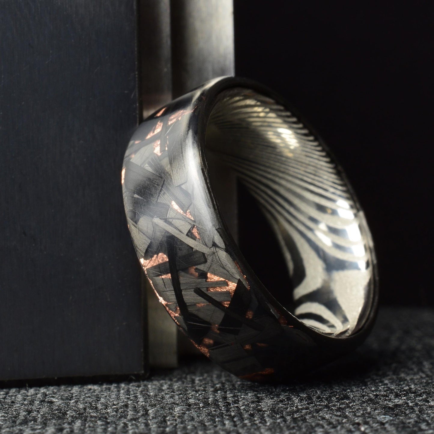Matte Large Copper Chopped Carbon Fiber Ring: Stainless Steel Damascus Liner.
