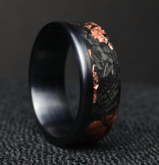 Matte Copper Chopped Carbon Fiber Lined With Brushed Black Titanium Cuff. New Exclusive Designs. Black Wedding Ring.